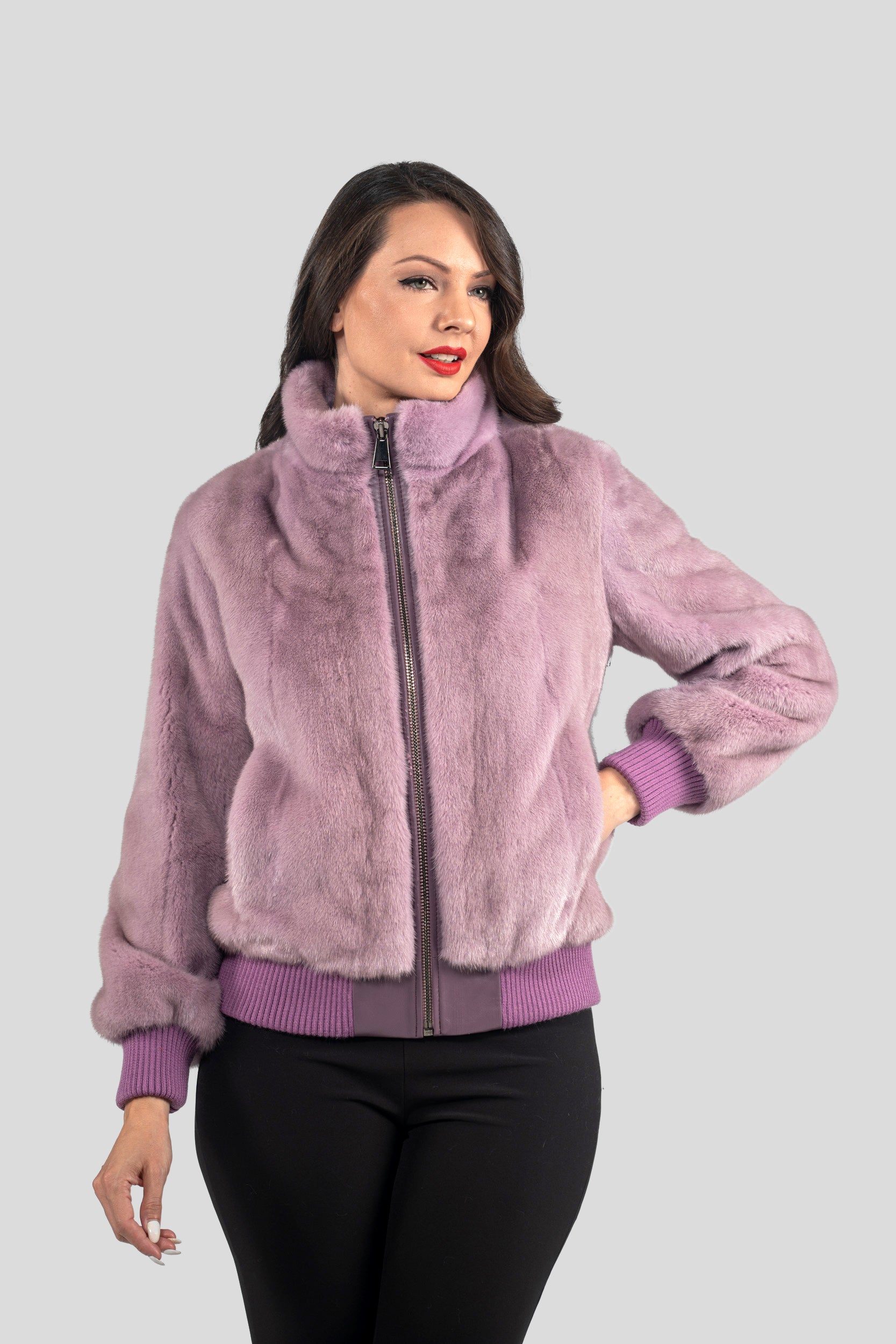 Dark Violet Mink Bomber Jacket with Stand Collar L/O13C224