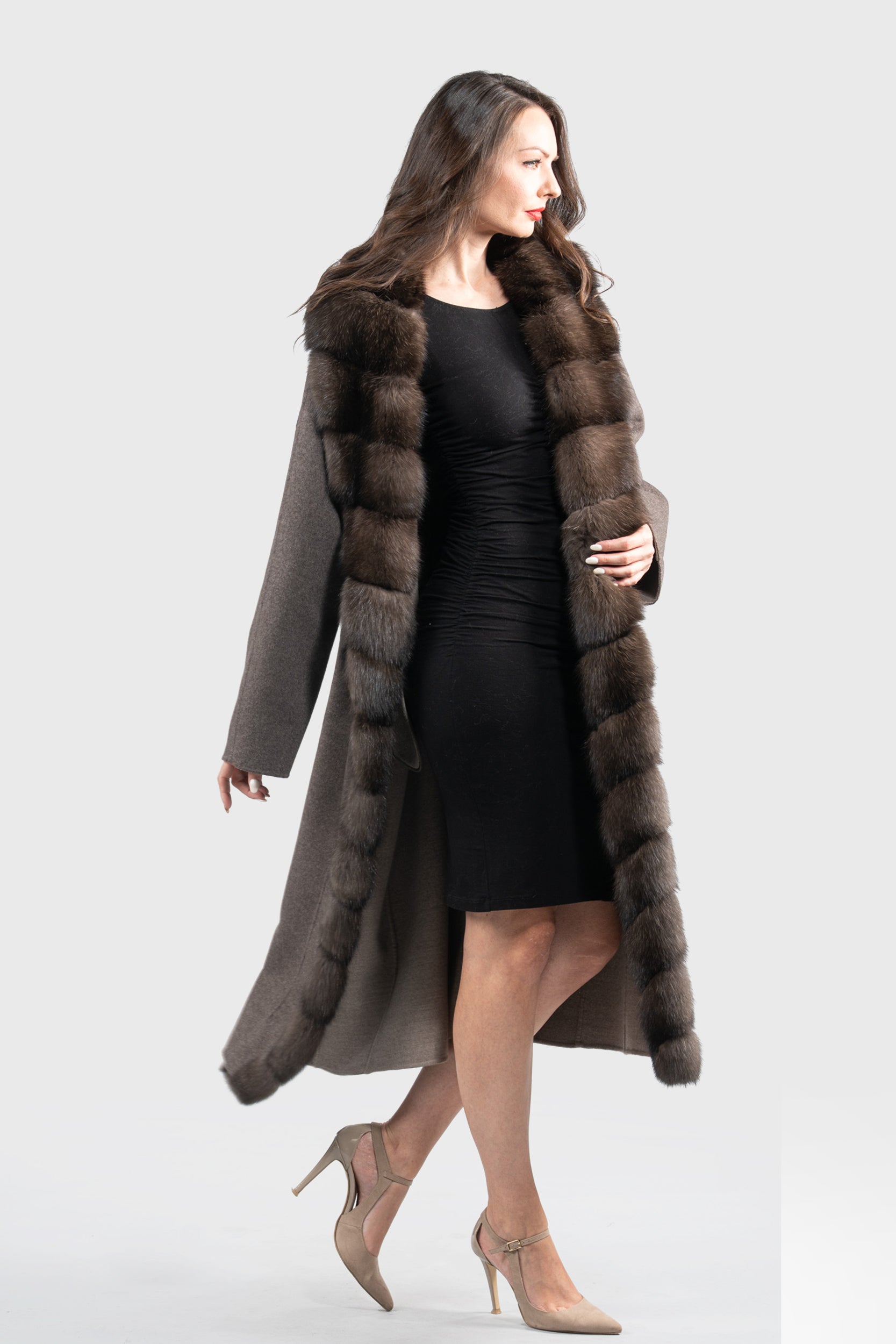 Brown Grey Cashmere Coat with Russian Sable Trim 22CA310