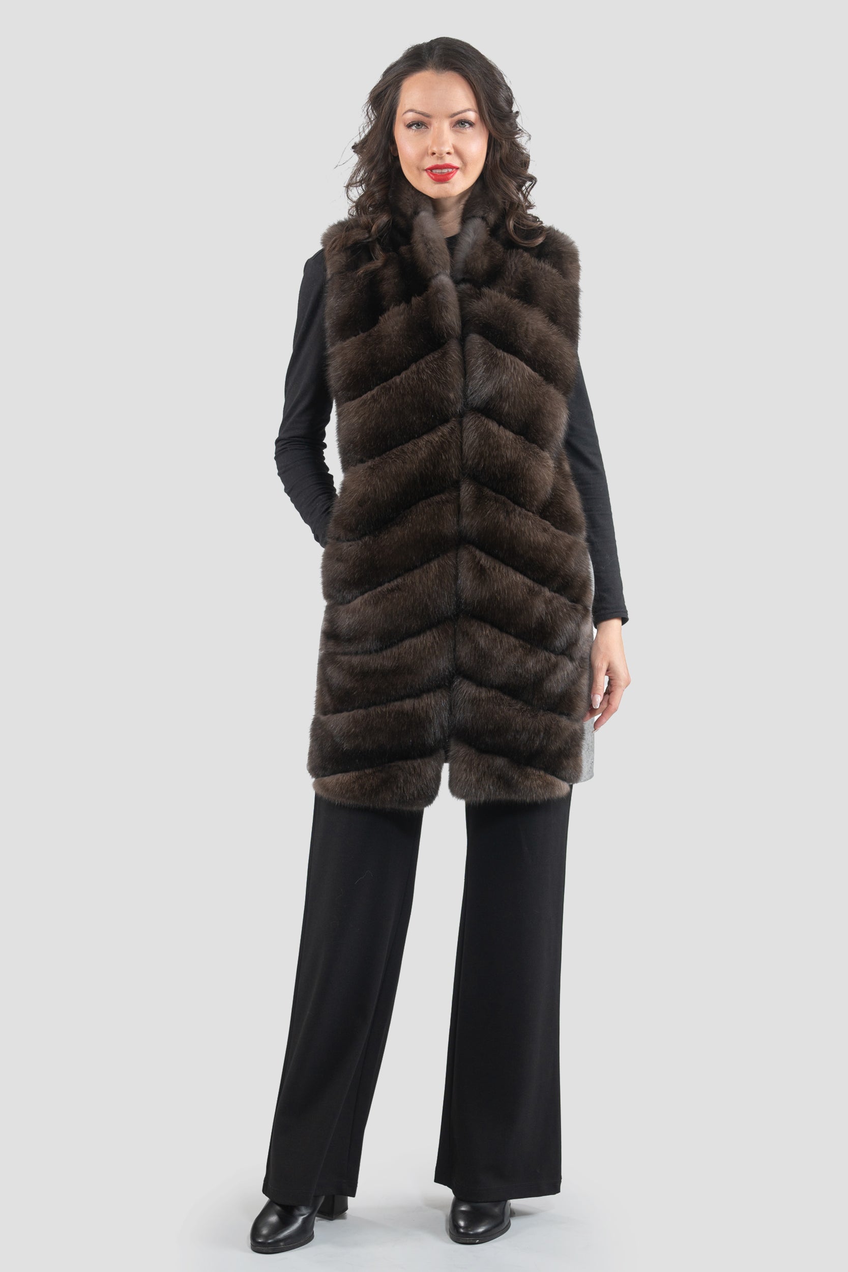 Grey Cashmere Vest with Russian Sable Trim 17C8003