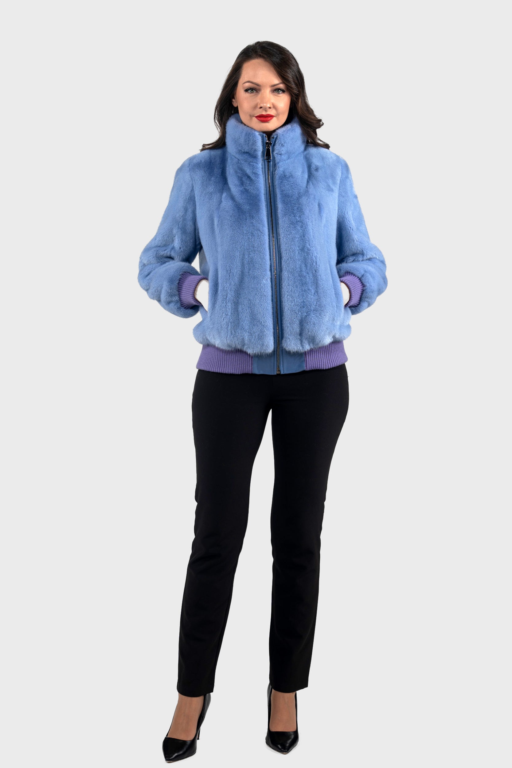 Aqua Marine Mink Bomber Jacket with Stand Collar L/O13C224