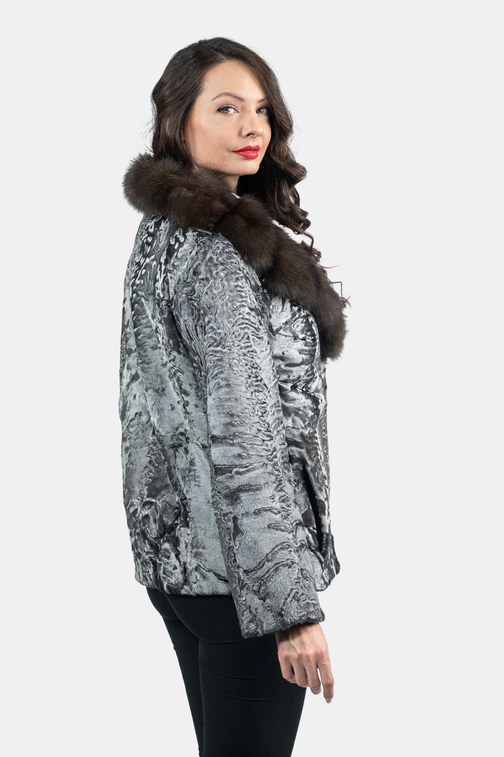Silver Swakara Jacket with Russian Sable Notch Collar S/S13C528