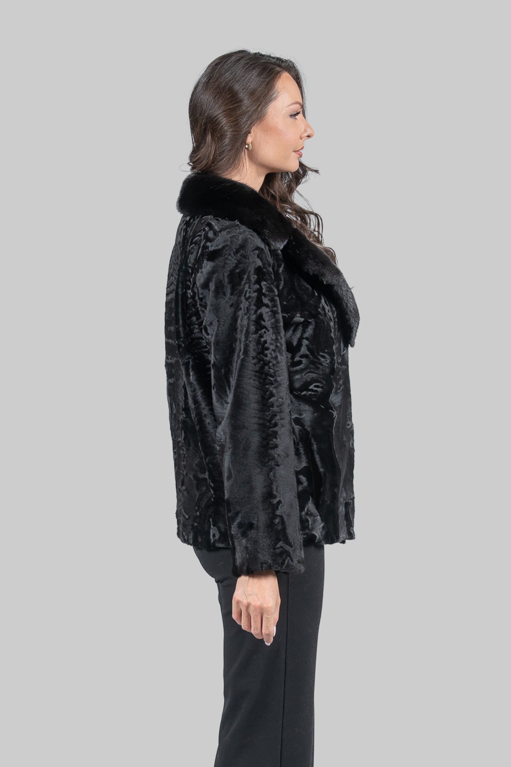 Black Swakara Jacket with Mink-Trimmed Notch Collar S/S13C528s20