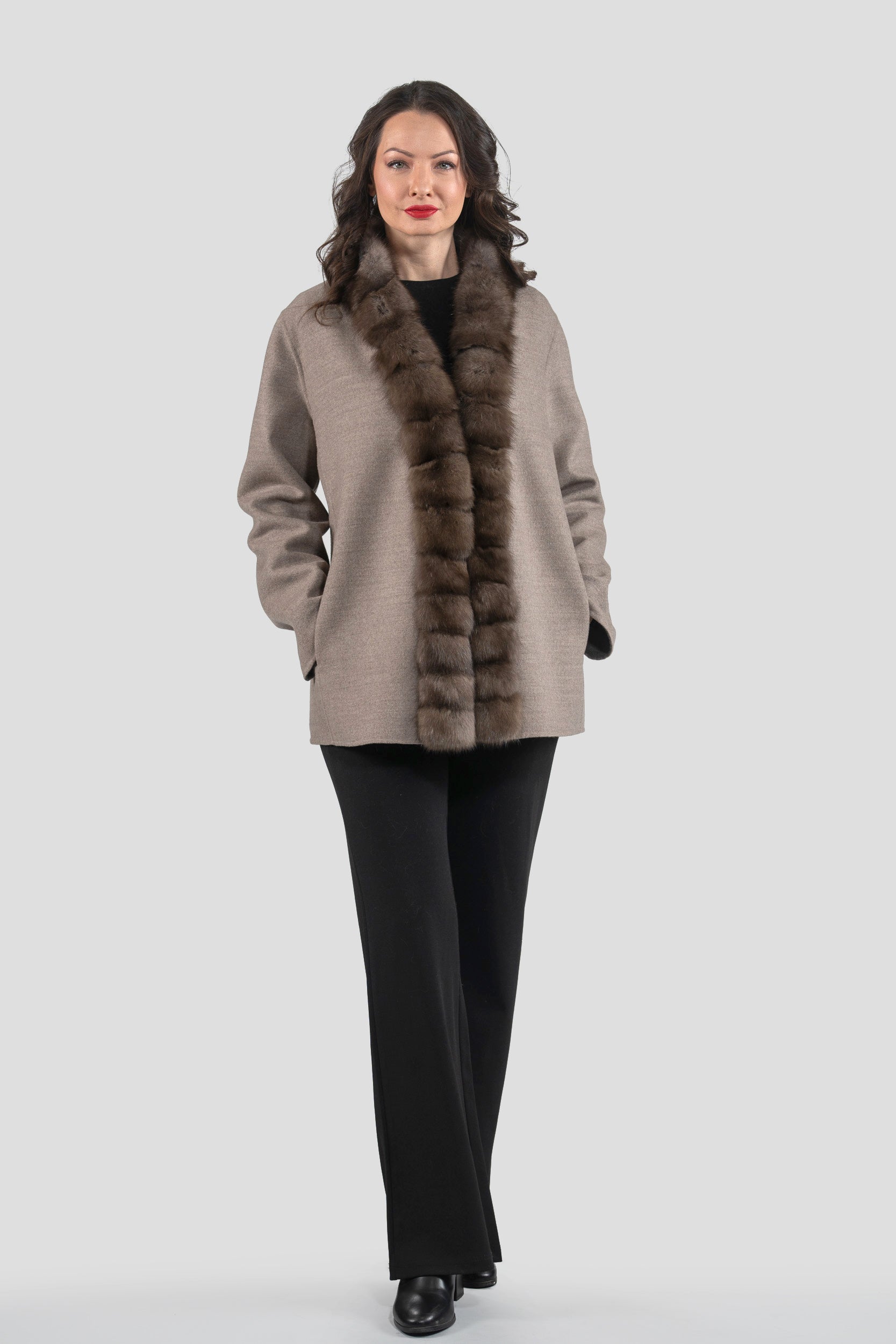 Brown Grey Cashmere Jacket with Russian Sable Trim 21C6080