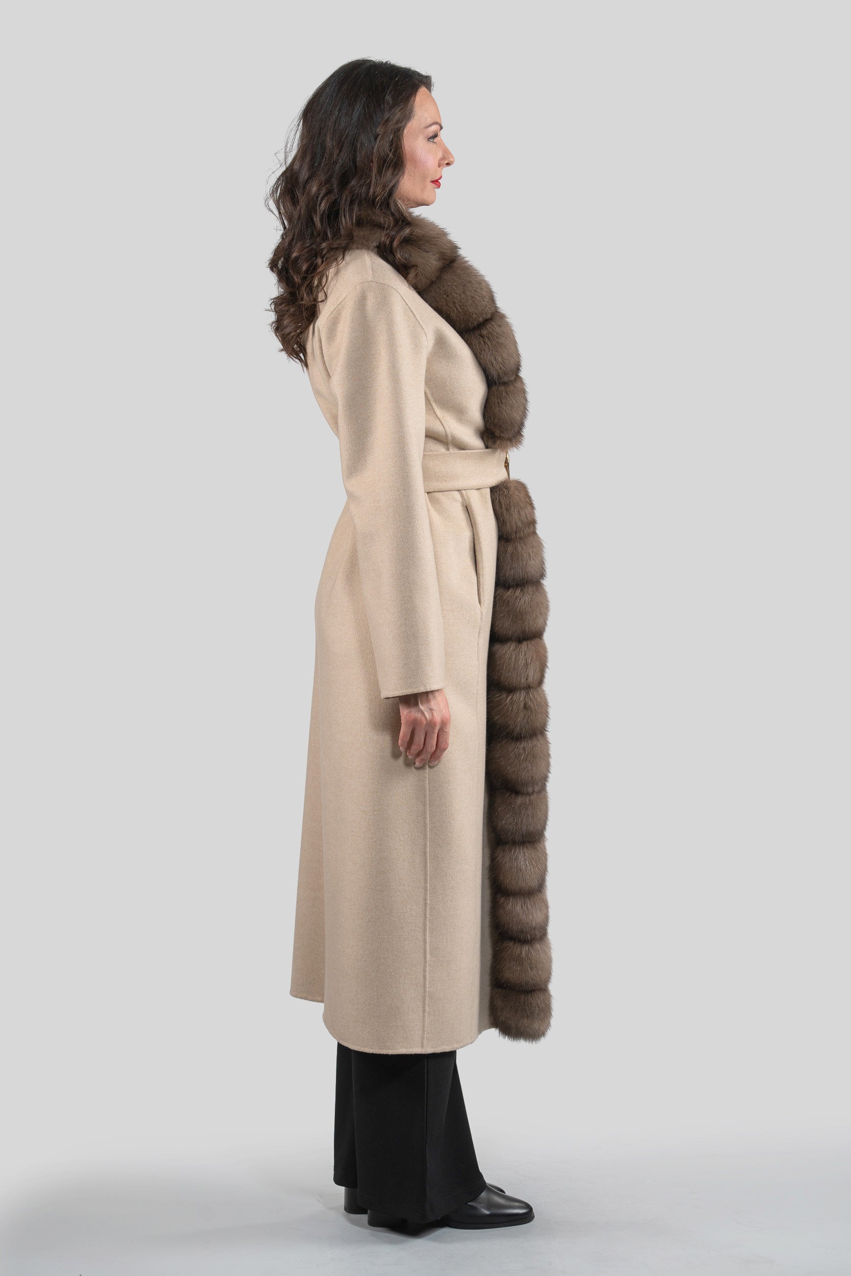 Ecru Beige Cashmere Coat with Russian Sable Trim 21C6080