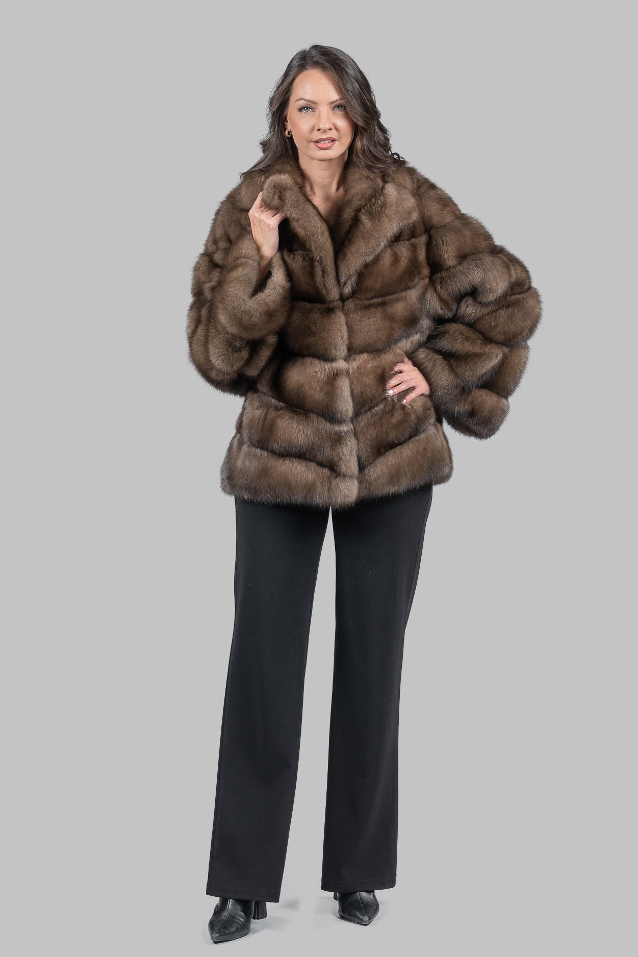 Graphite Russian Sable Half Coat with Notch Collar V/K14M475G034