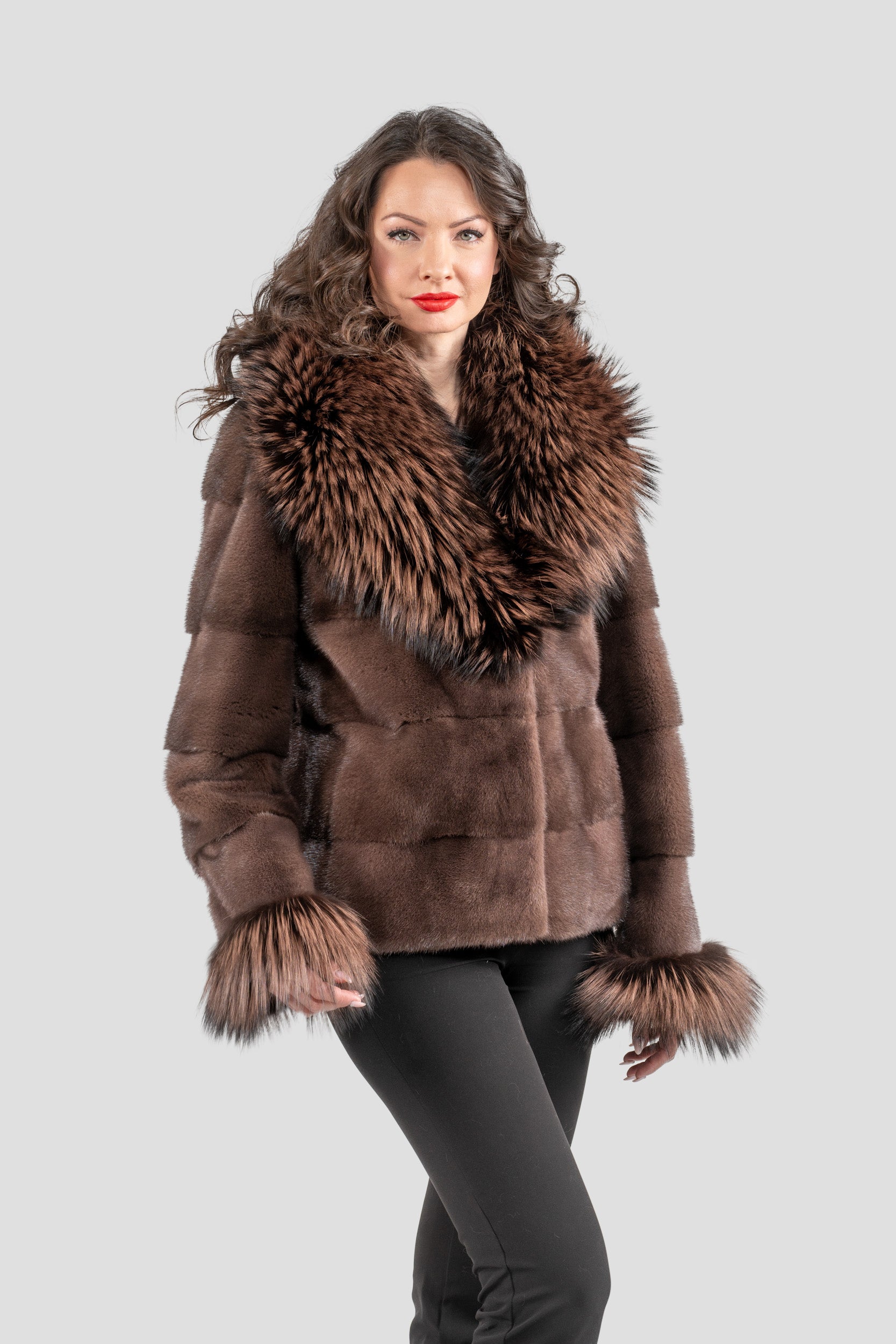 Wood Mink Jacket with Fox Trimmed Shawl Collar P/K13C528C17