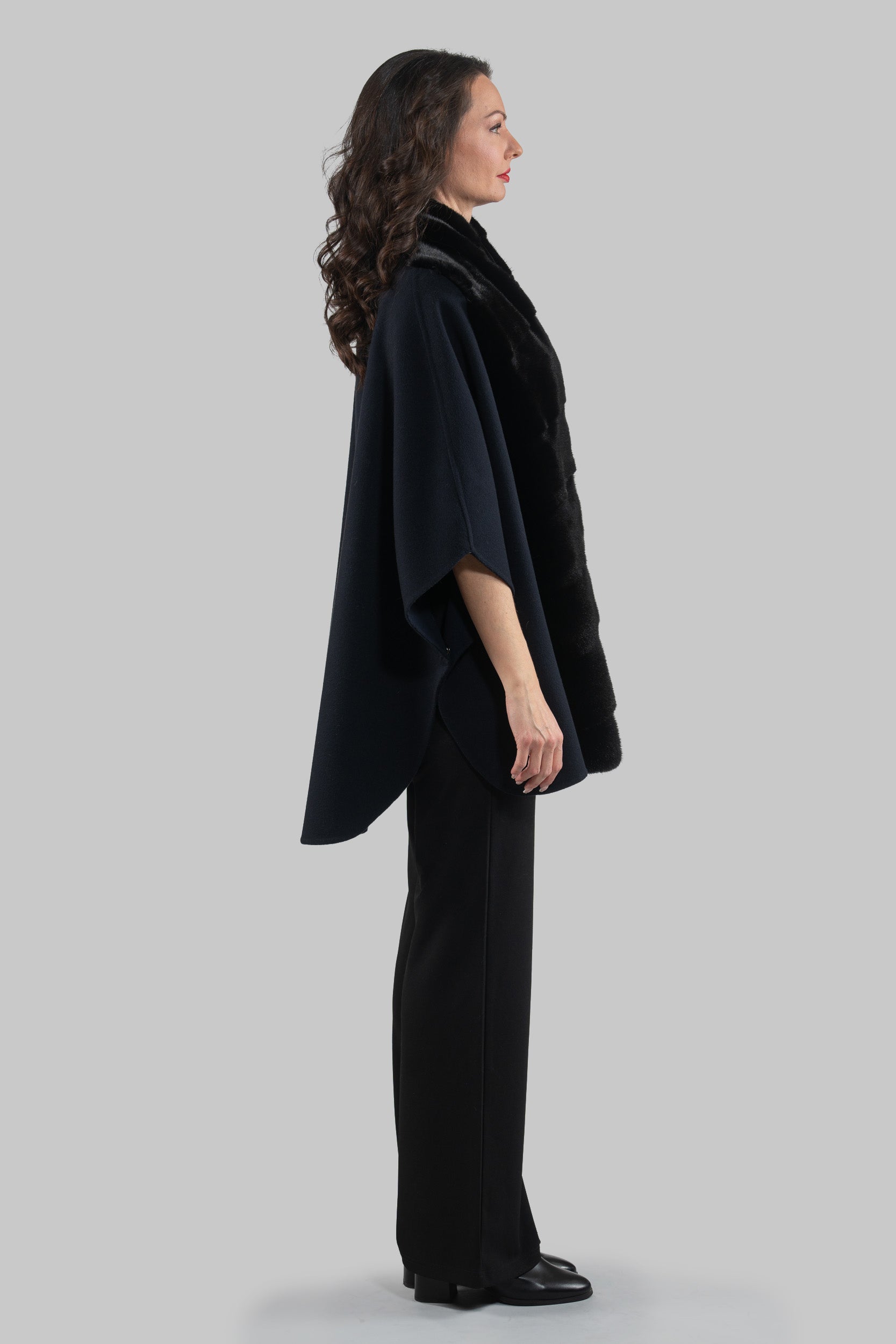 Blue Black Cashmere Cape with Mink Trim 18M950