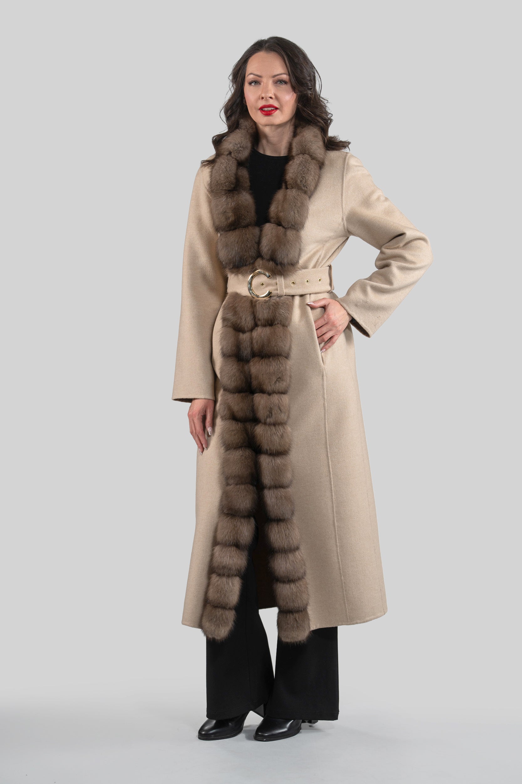 Ecru Beige Cashmere Coat with Russian Sable Trim 21C6080