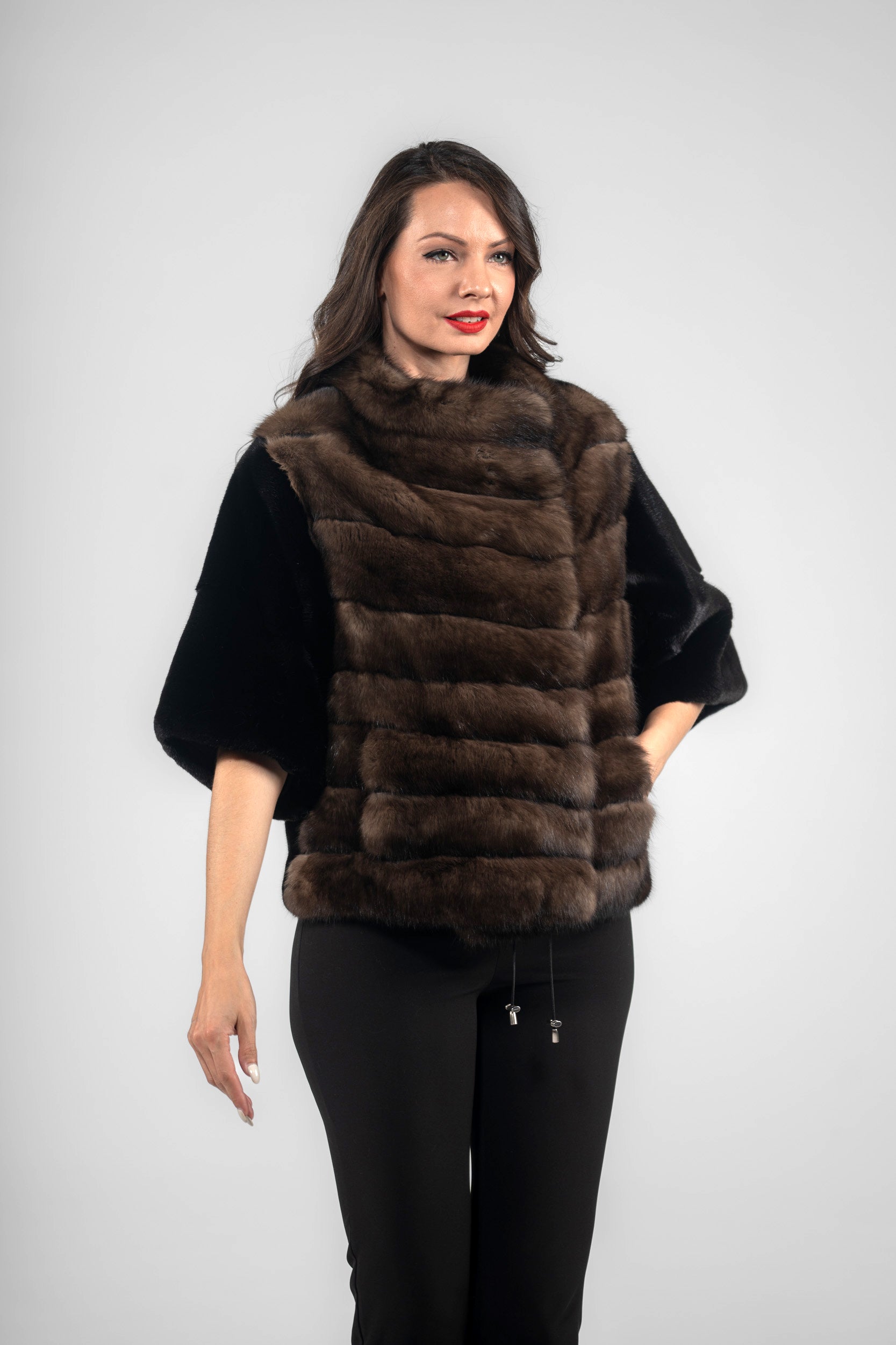 Short Sleeve Blackglama Mink Jacket with Stand Collar and Russian Sable Trim L/O16C728