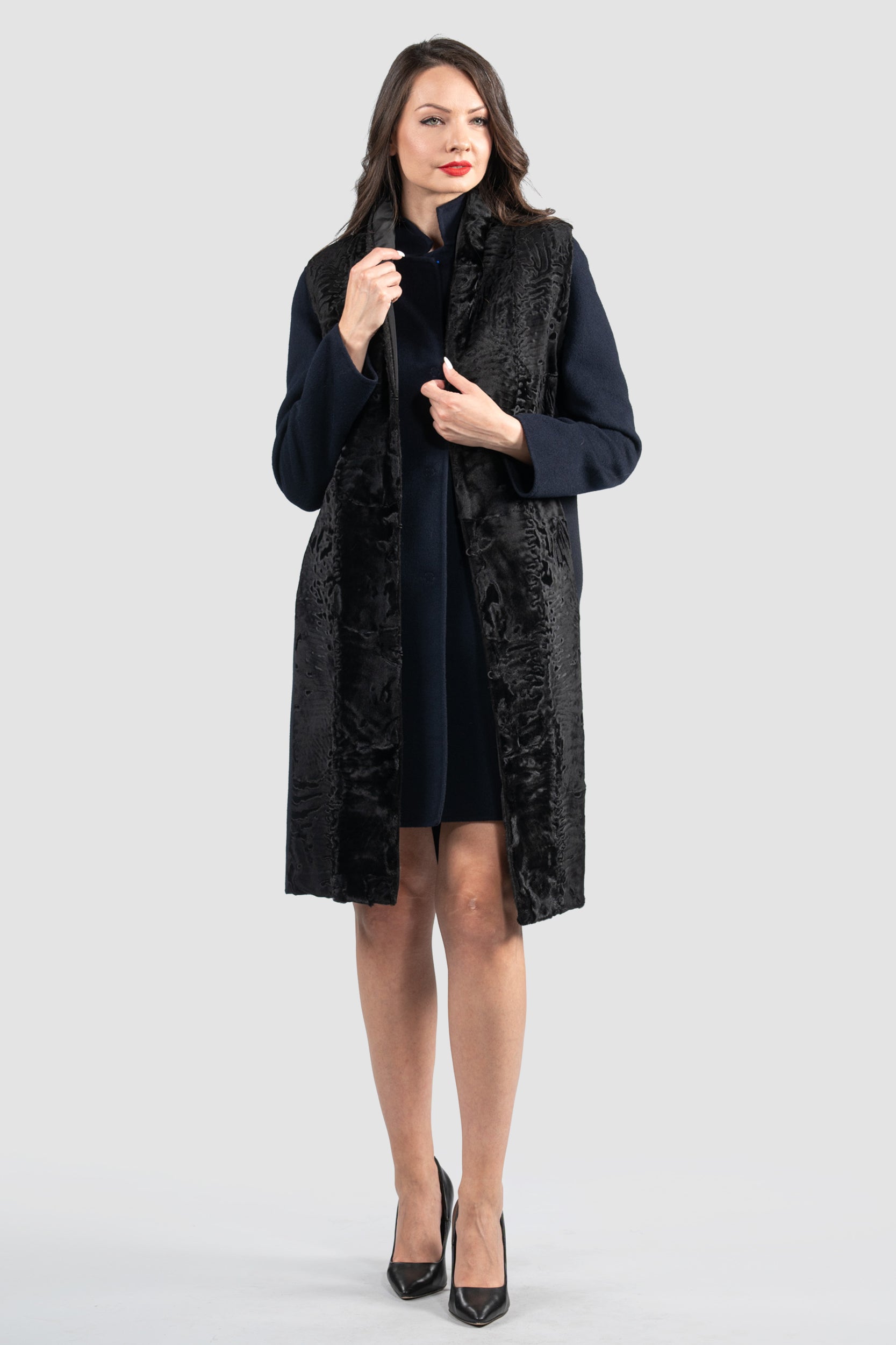 Blue Black Cashmere Half Coat & Vest with Swakara Trim 17C8003