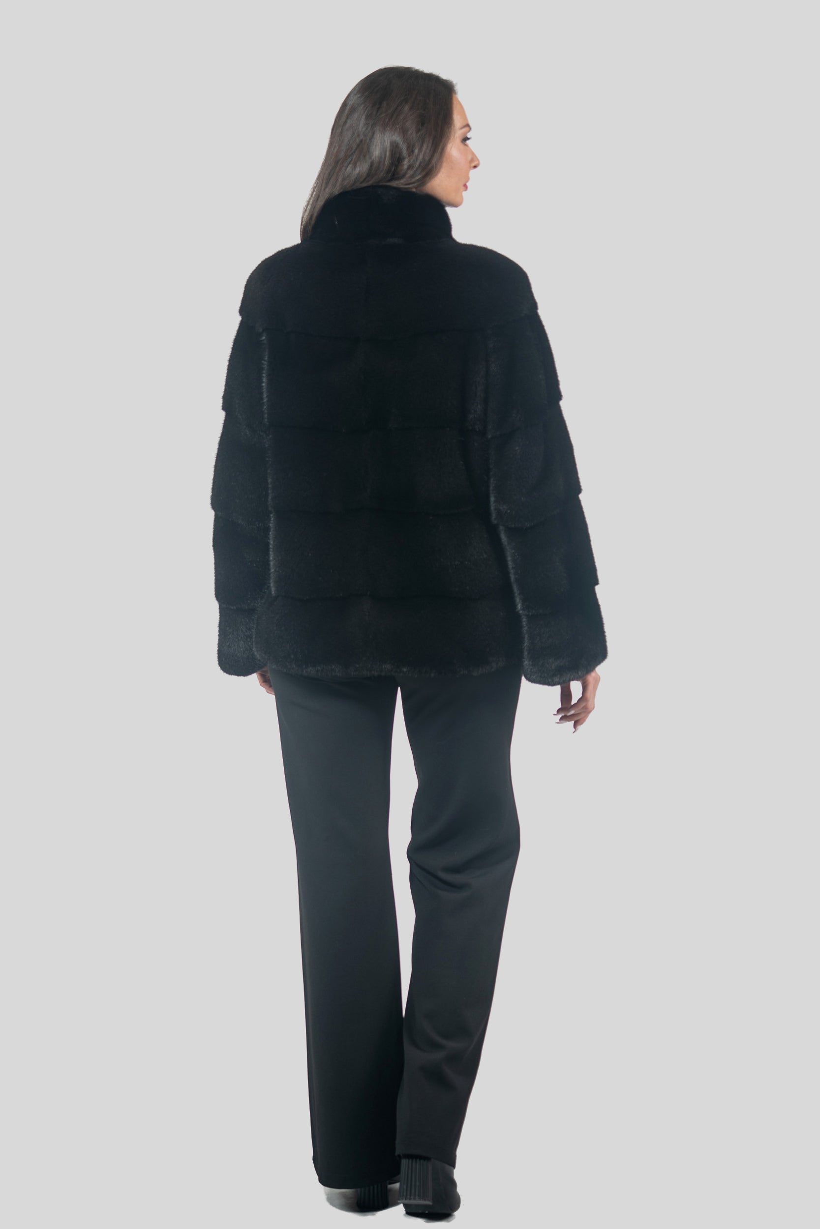 Black Mink Jacket with Stand Collar and Zipper P/K13C224