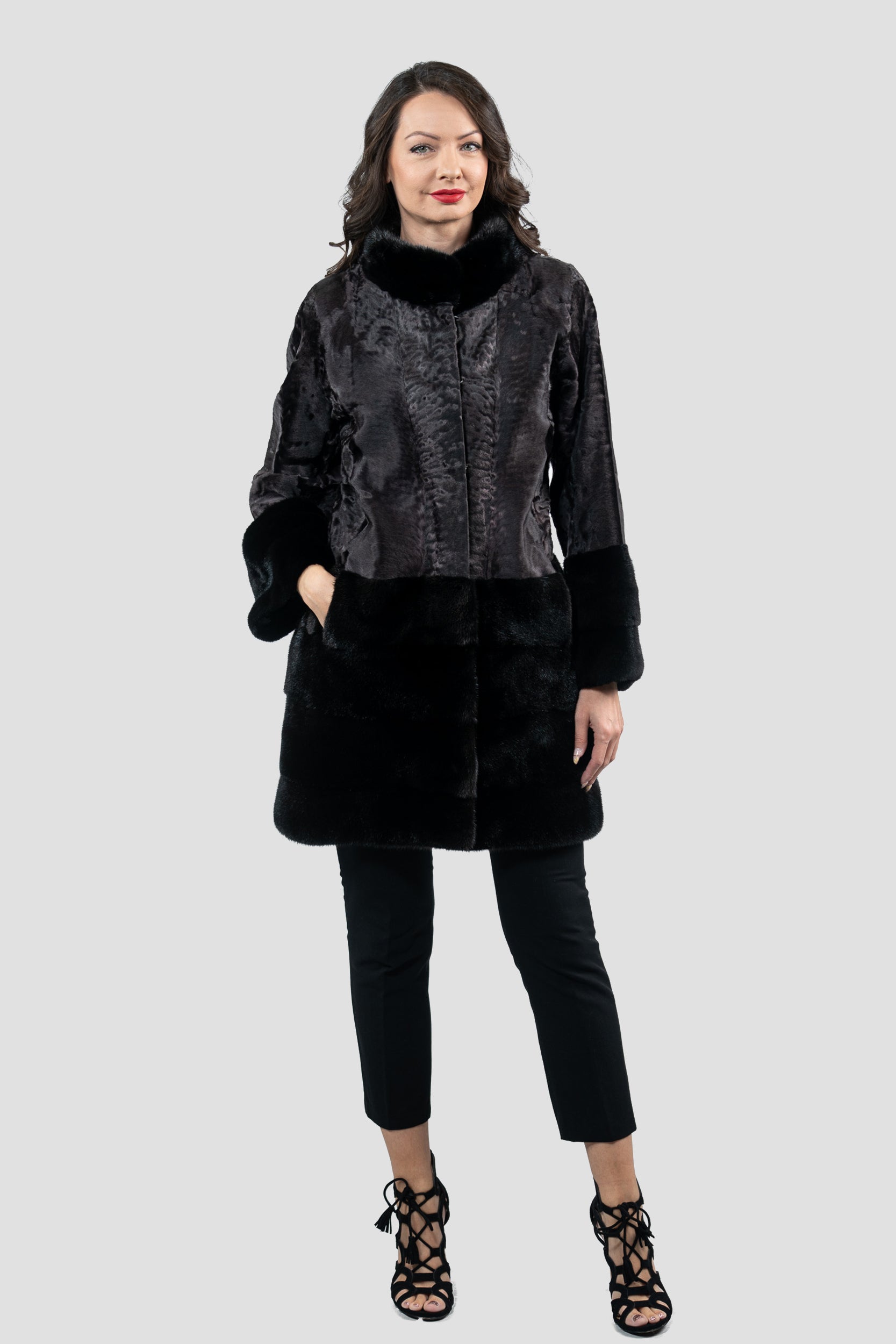 Gray Moon Swakara Half Coat with Mink Trim S/SR/K16C733