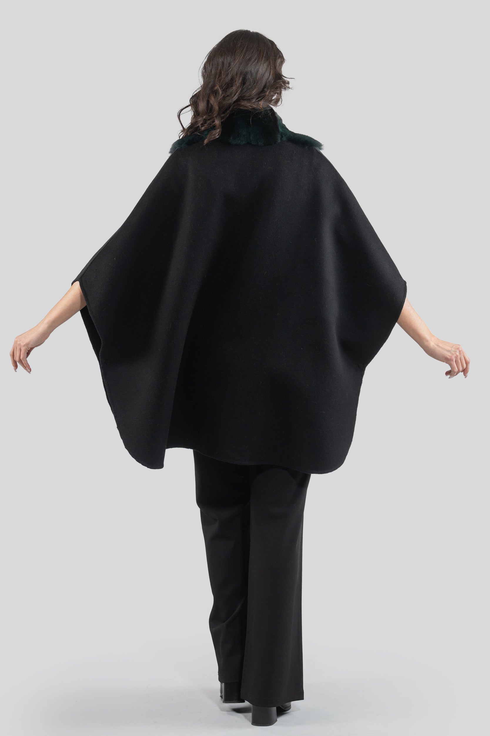 Black Cashmere Cape with Green Chinchilla Trim 18M950