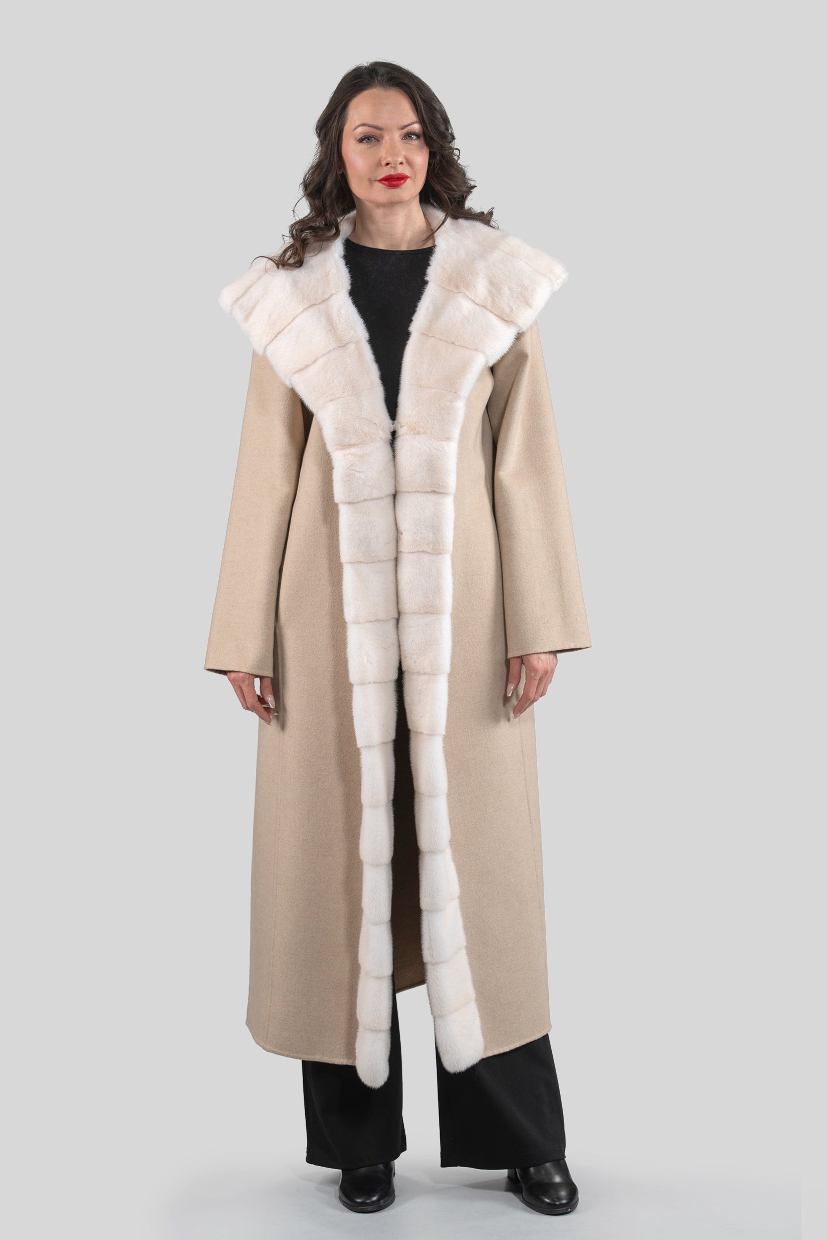 Ecru Beige Cashmere Hooded Coat with Mink Trim 21C6080H540