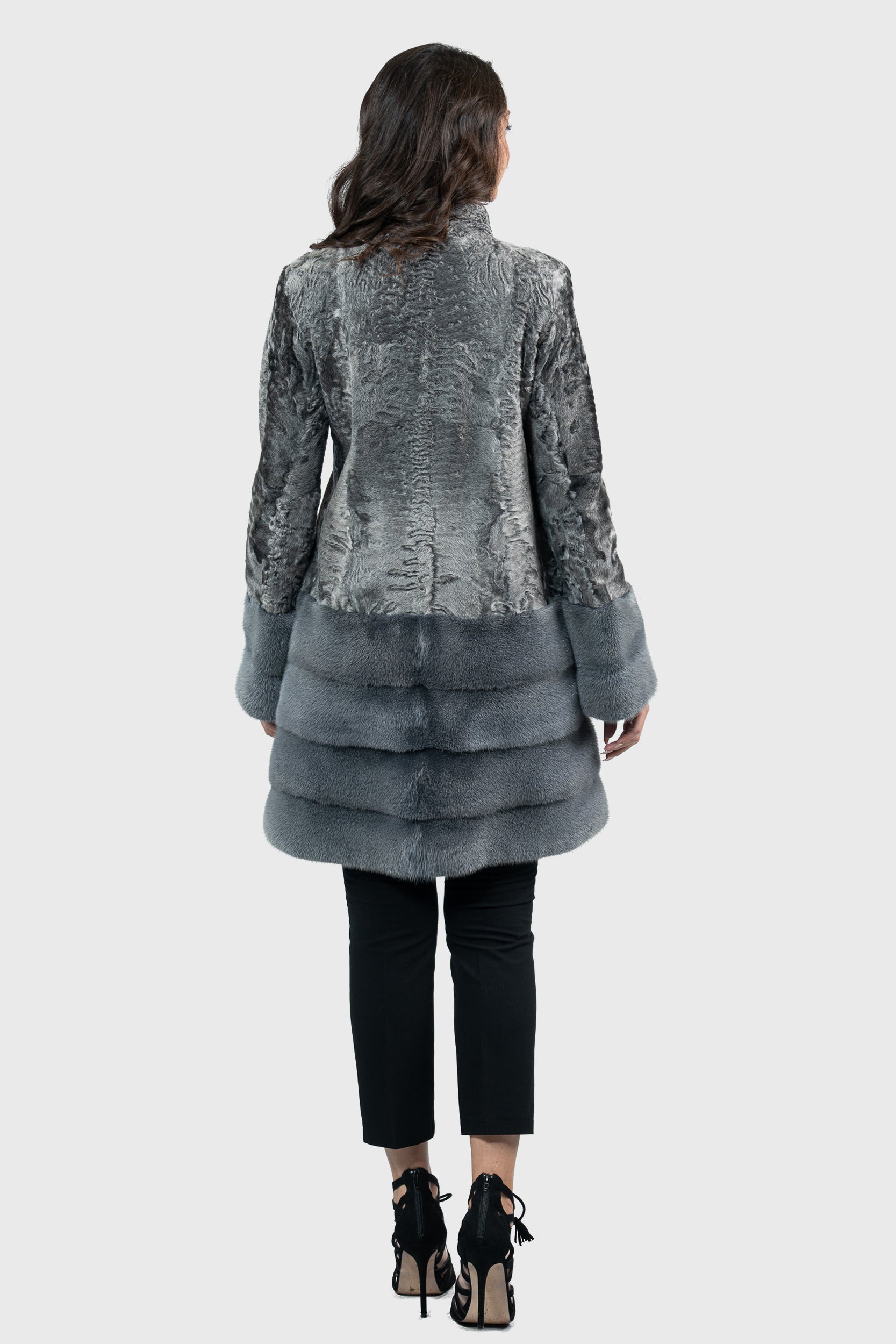 Gray Swakara Half Coat with Mink Trimmed Hem S/SR/K21999
