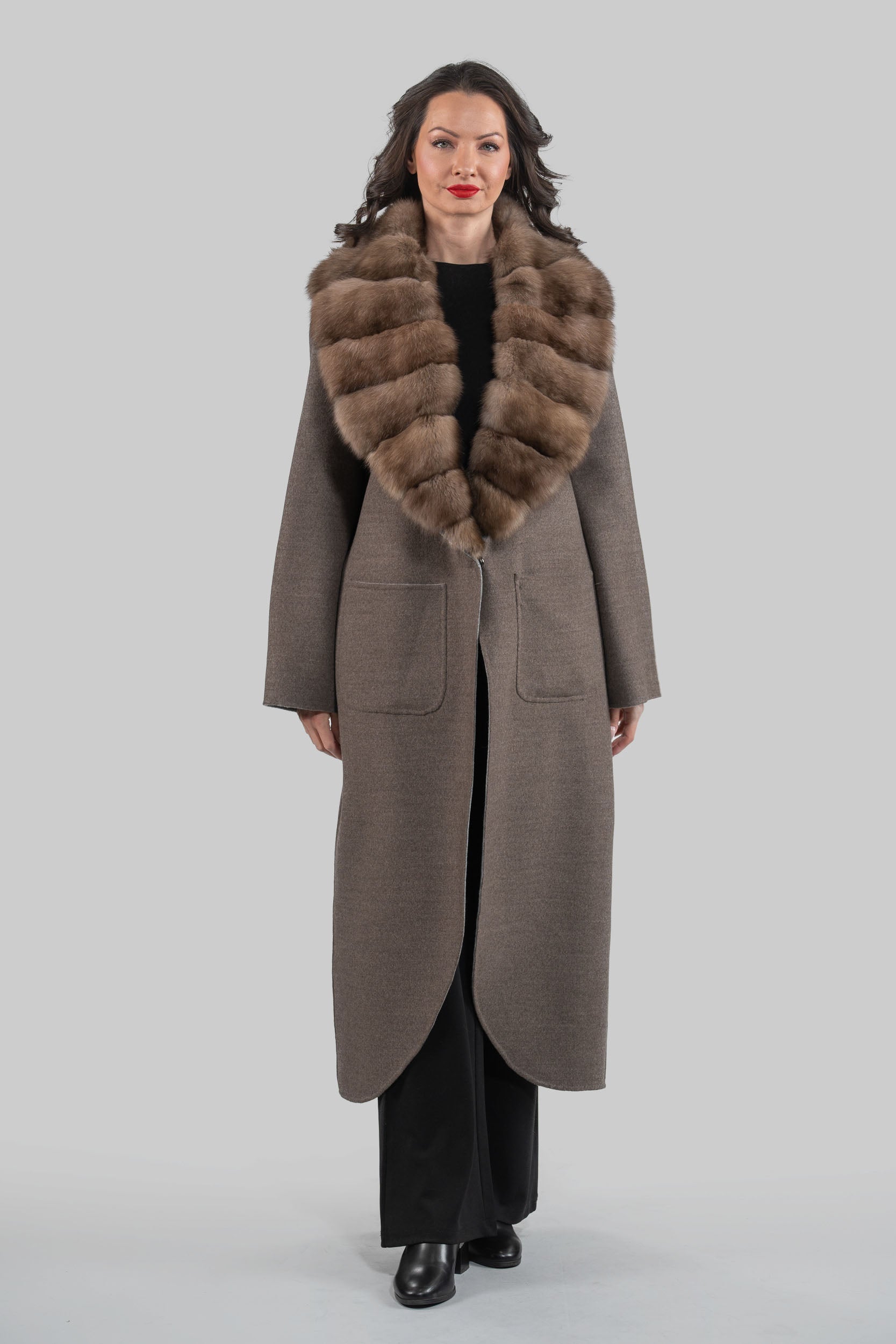Brown Grey Cashmere Coat with Russian Sable Notch Collar 20C8060S20o