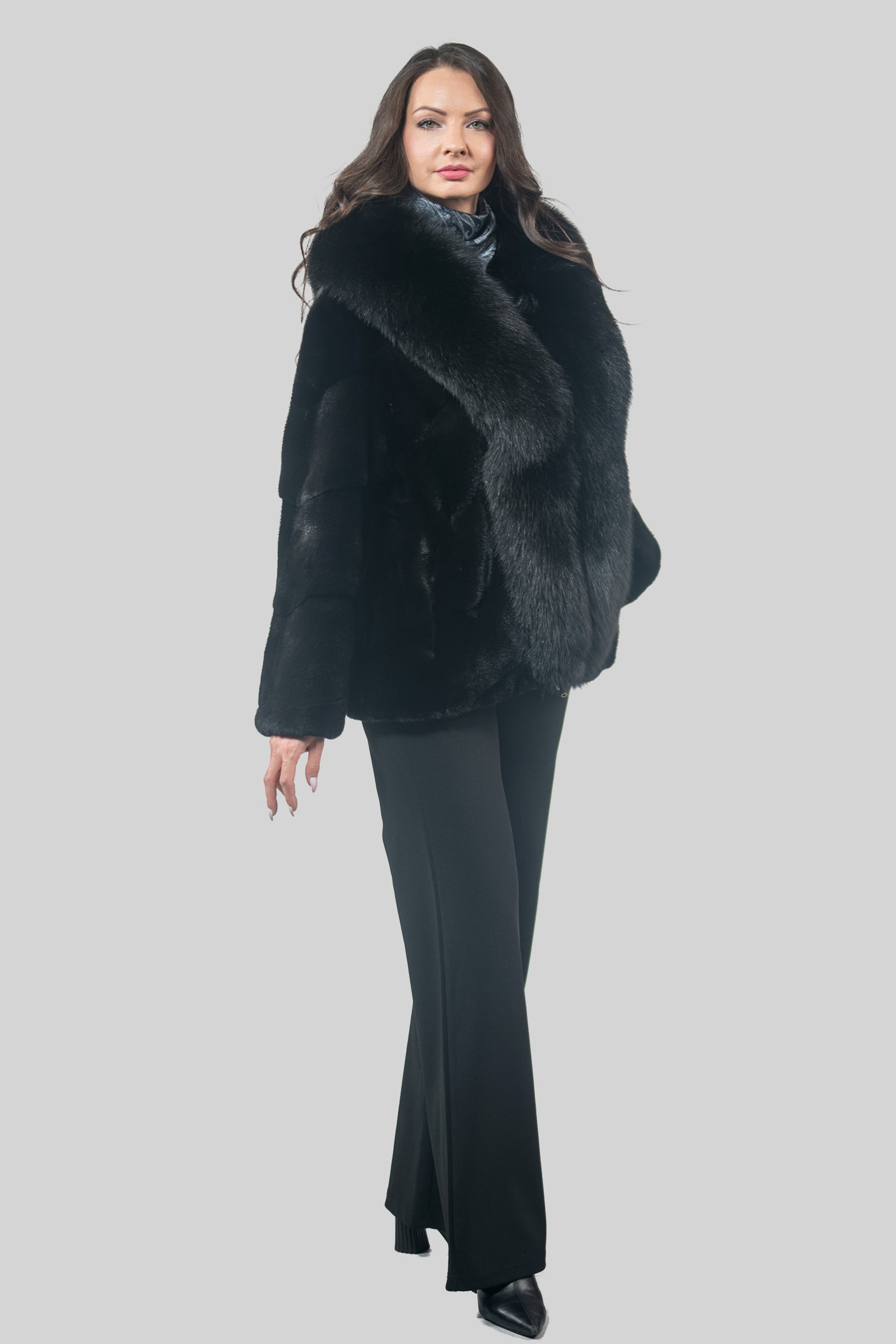 Black Mink Jacket with Fox Trim A/K19C123