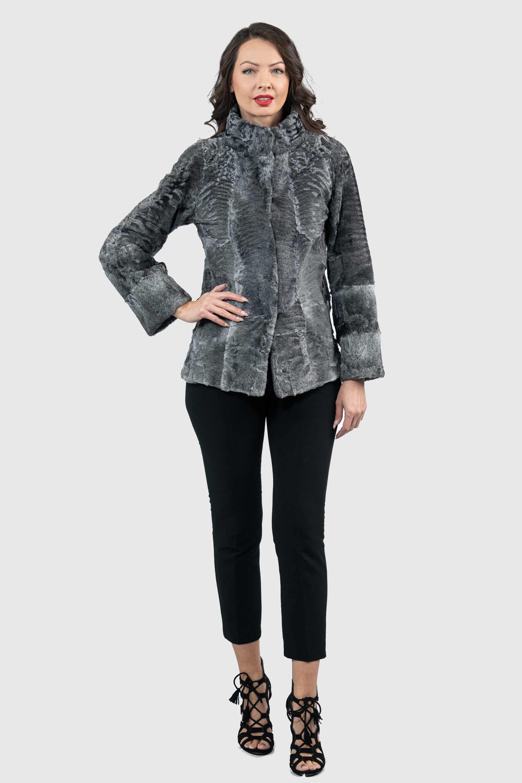 Gray Swakara Jacket with Stand Collar S/S13C528