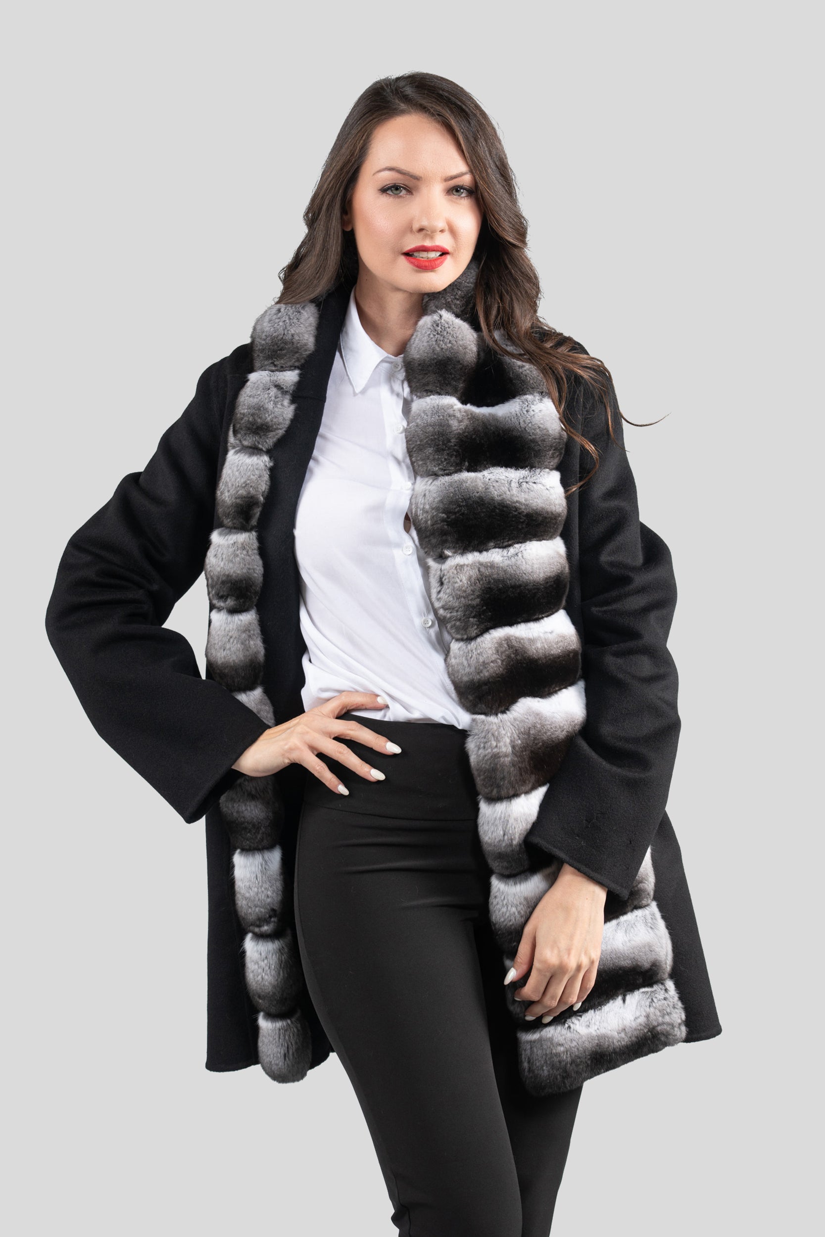 Black Cashmere Coat with Chinchilla Trim 21C8050
