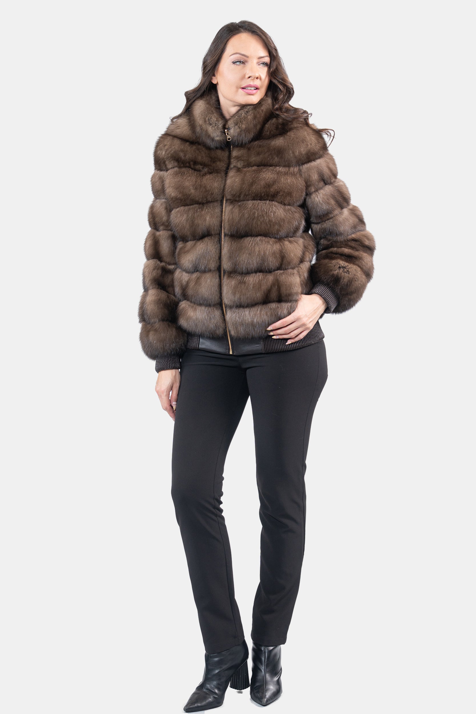 Reversible Titanium Russian Sable Bomber Jacket with Stand Collar P/K228