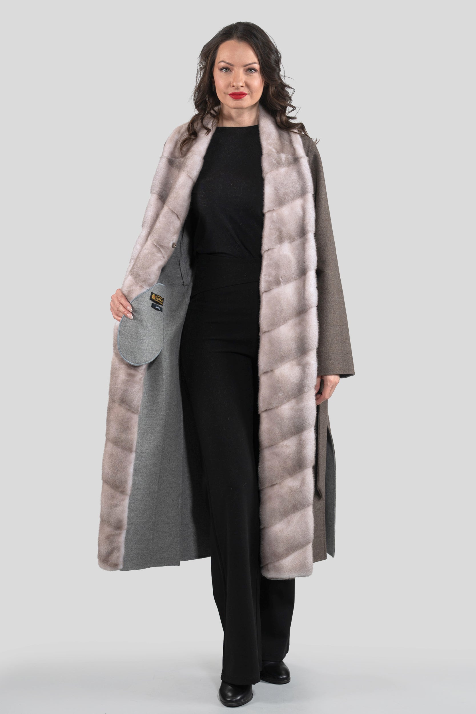 Brown Grey Cashmere Coat with Mink Trim 3321