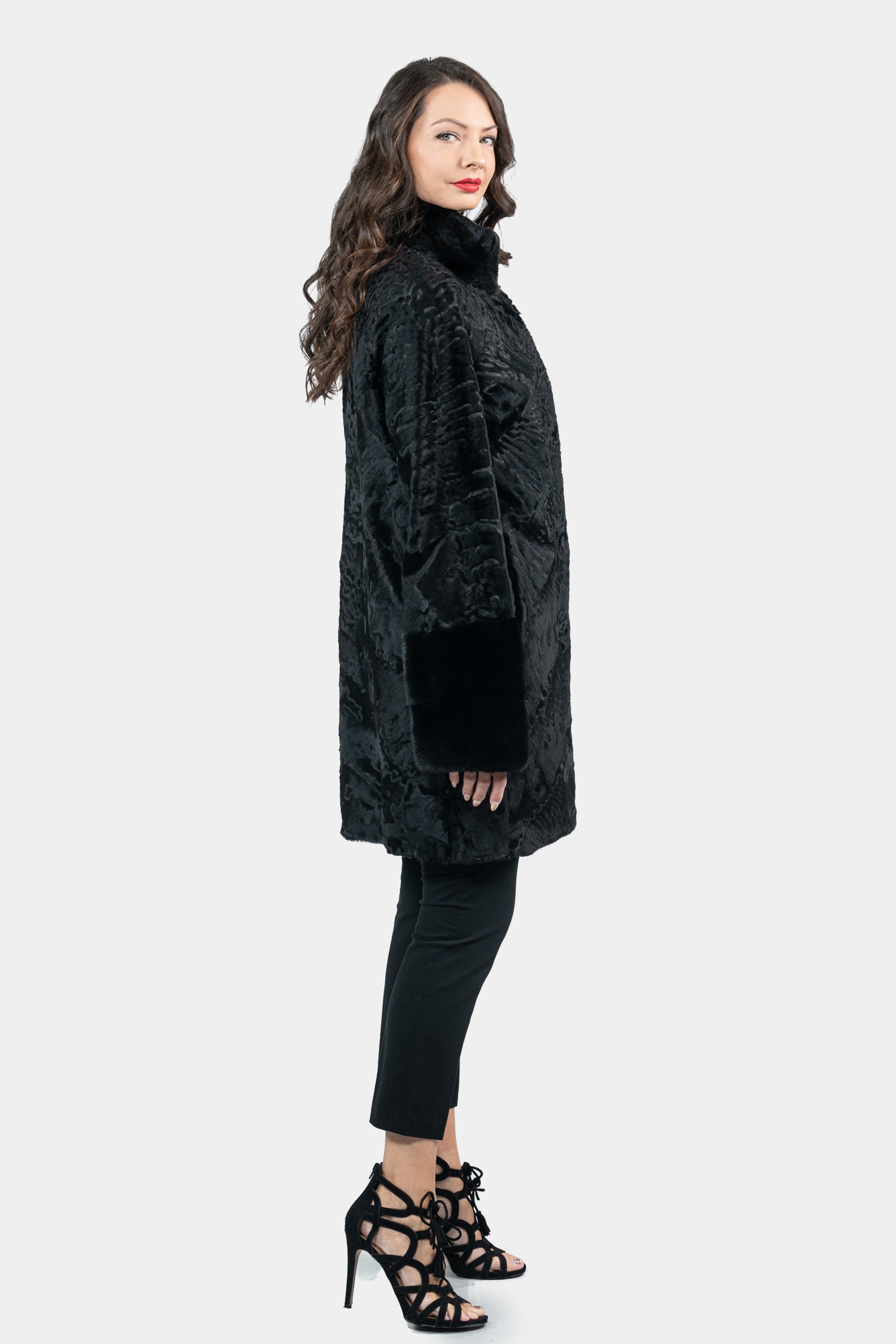 Black Swakara Half Coat With Mink Trim A/K13C530