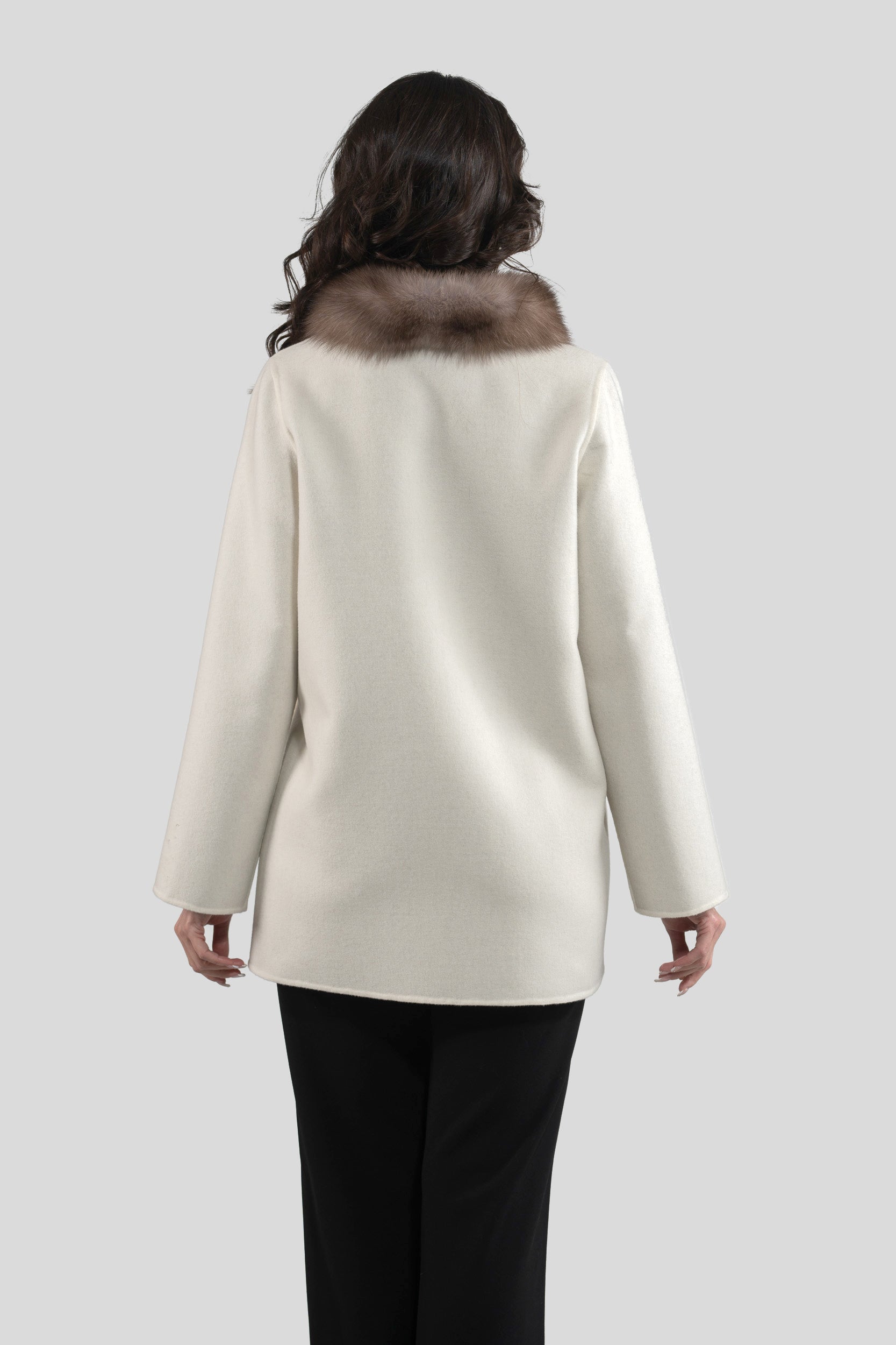 White Cashmere Jacket with Russian Sable Trimmed Stand Collar 17C8003G530
