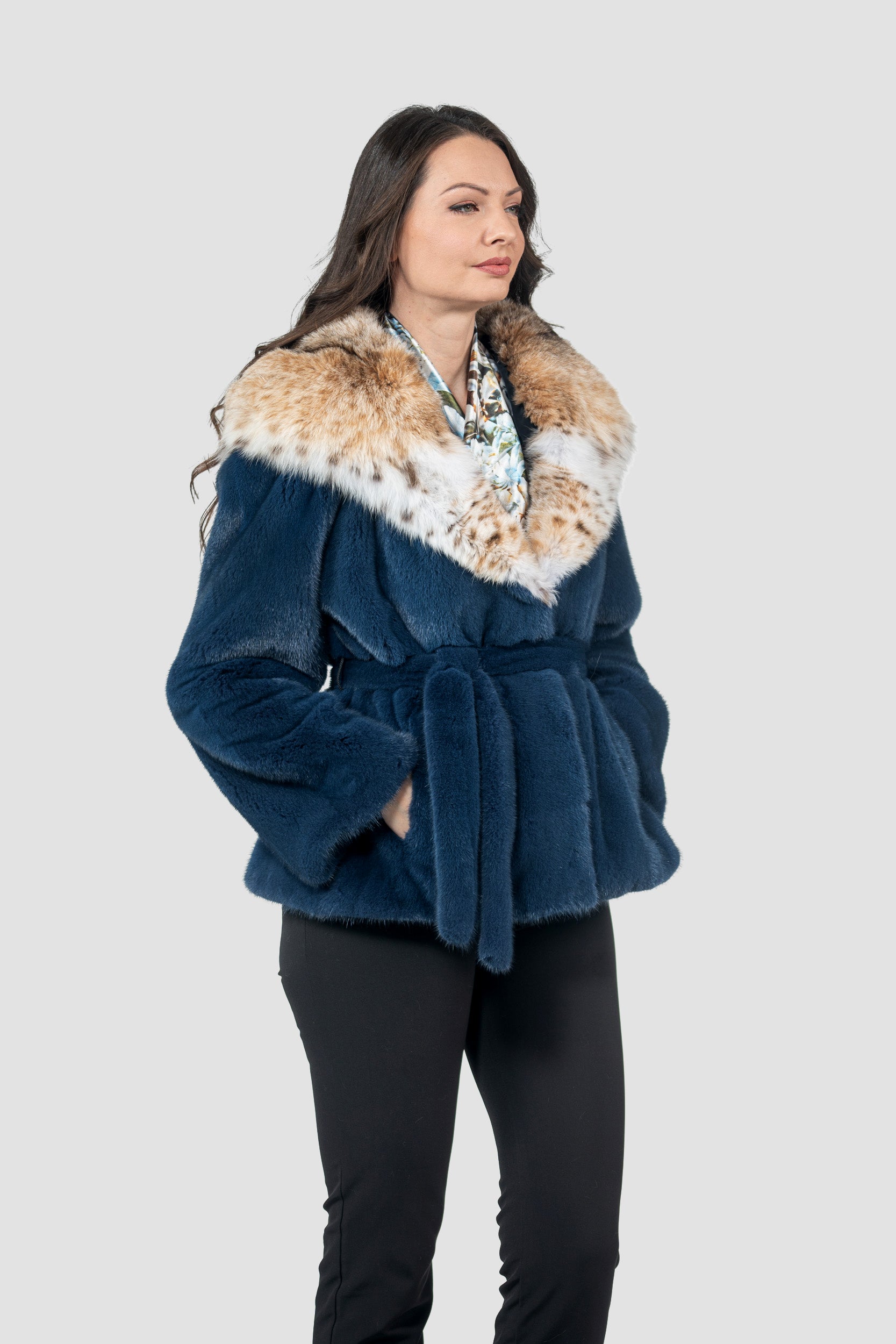 Blue Jean Mink Half Coat with Bobcat Hood L/O13C978