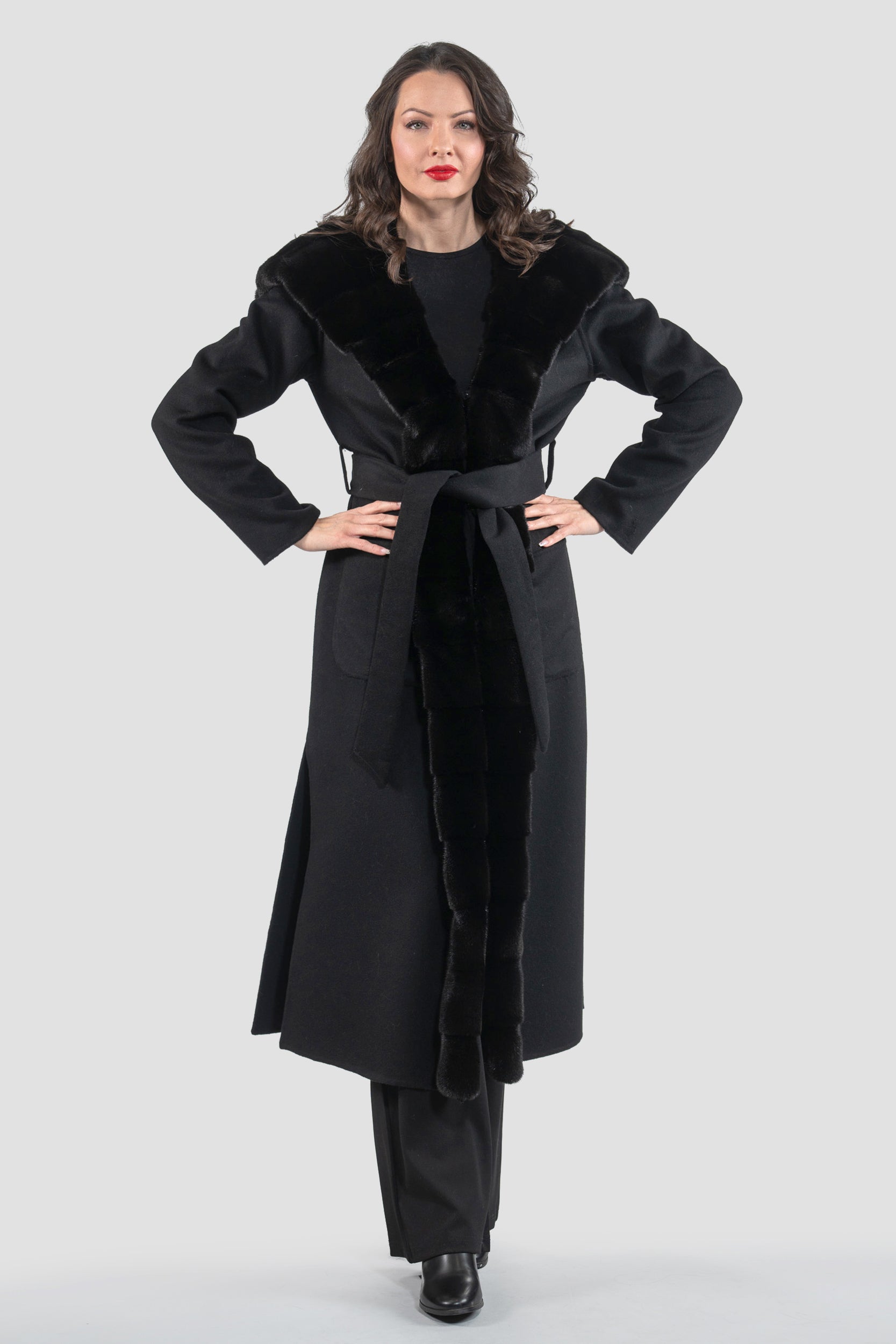 Black Cashmere Hooded Coat with Mink Trim 21C6080H
