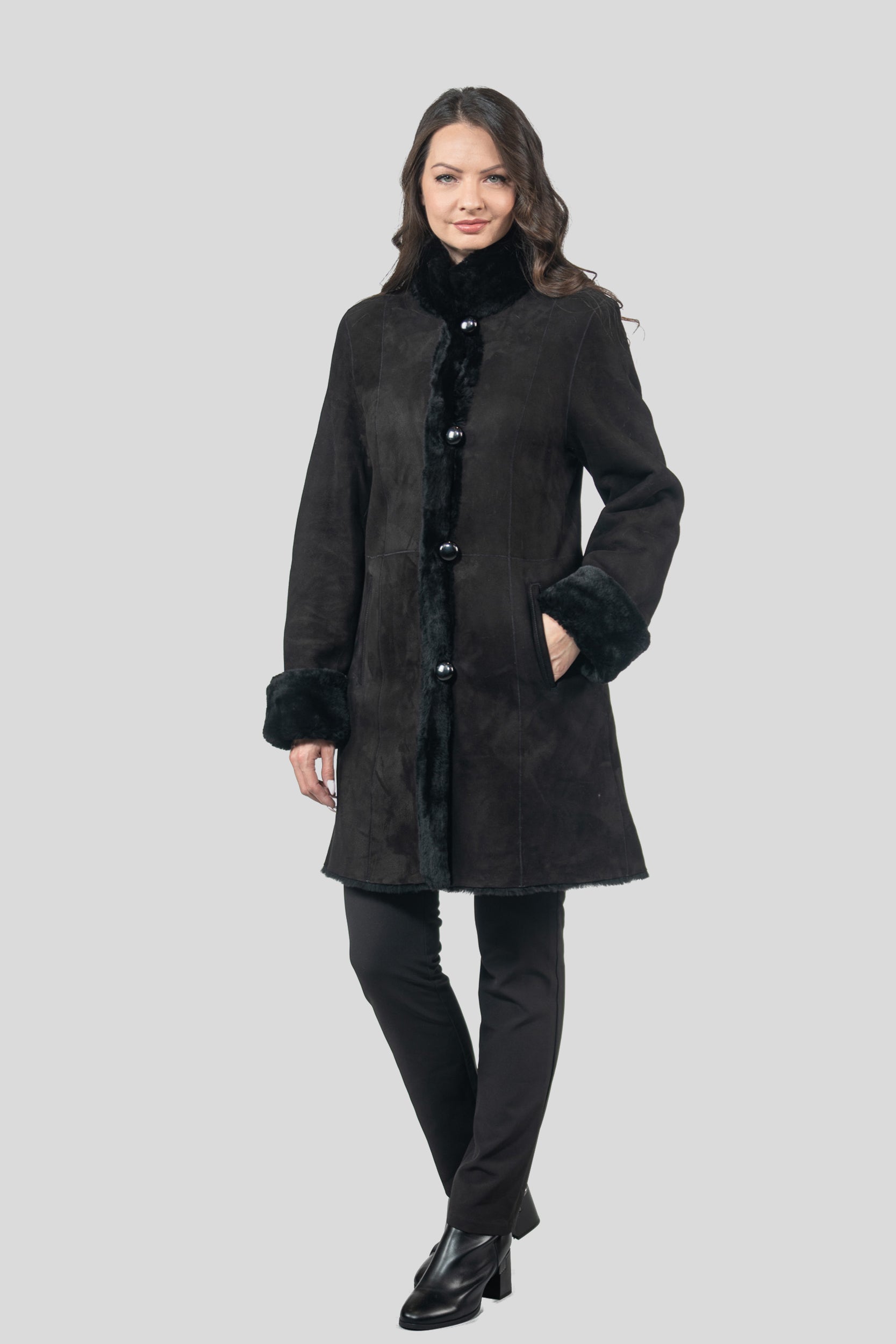 Black Half Coat In Spanish Merino with Stand Collar 207