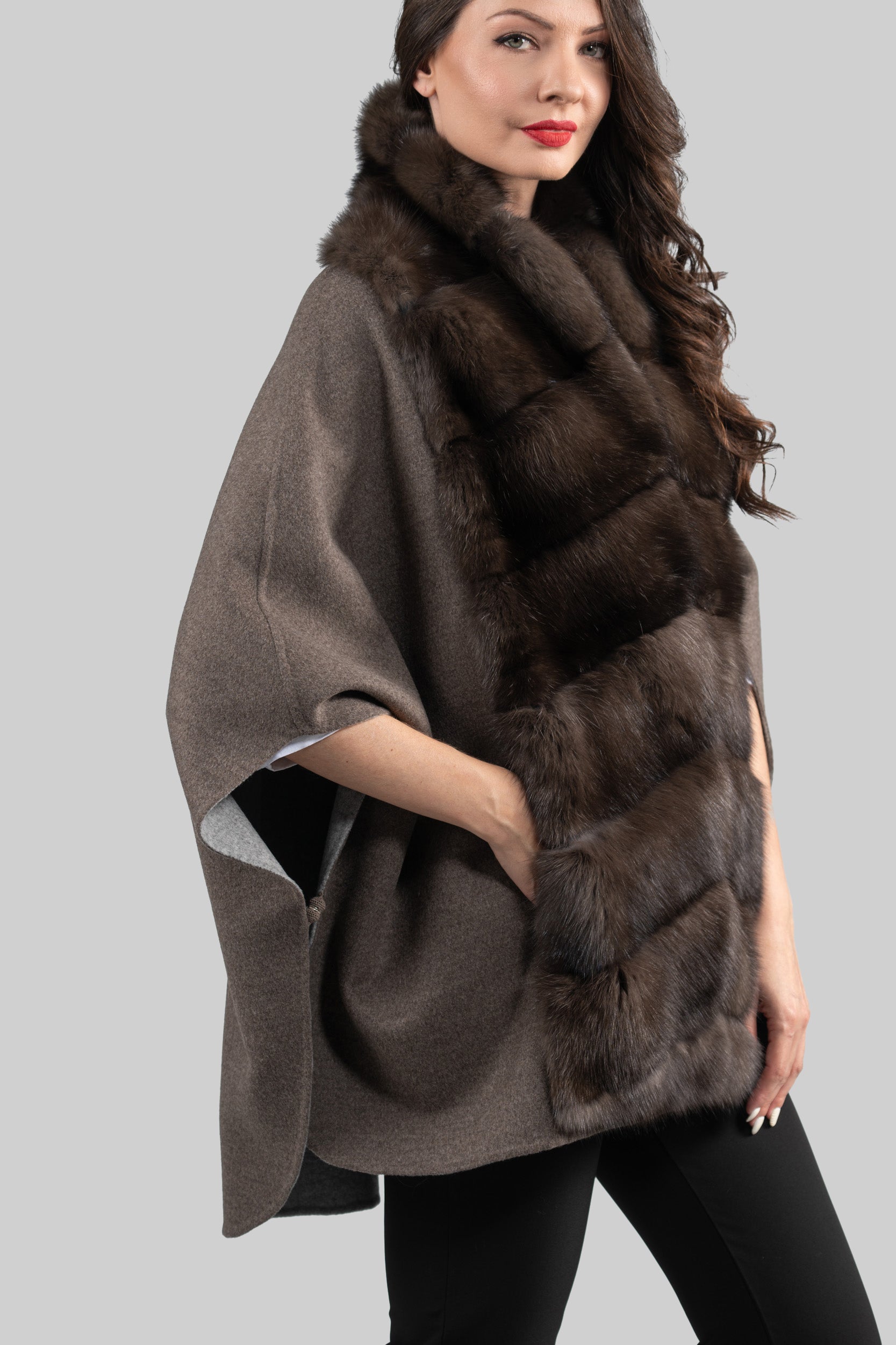 Brown Gray Cashmere Cape with Russian Sable Trim 18M950