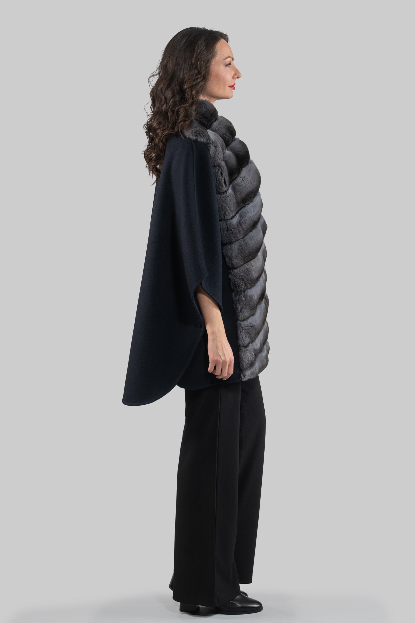 Blue Black Cashmere Cape with Oracle Chinchilla Trim 18M950