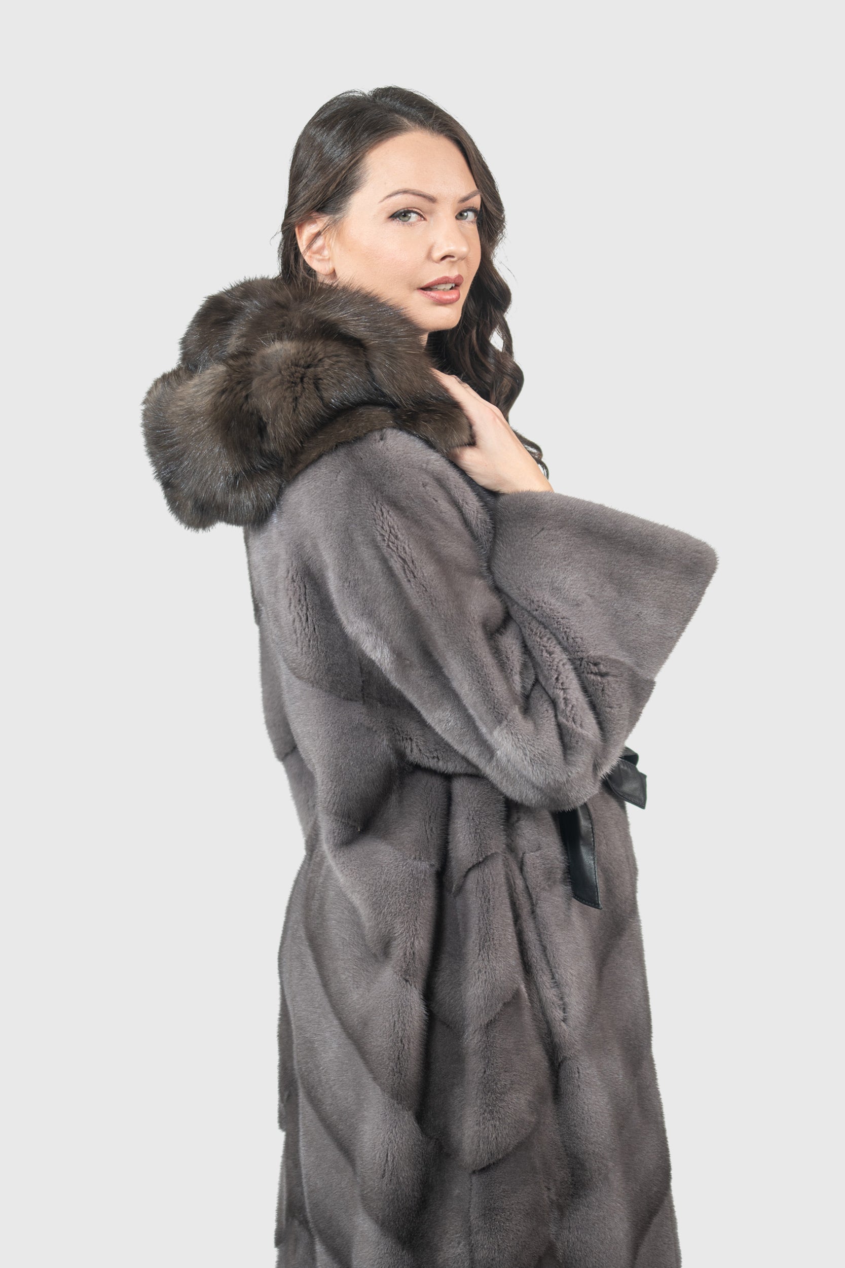 Grey Moon Mink Coat with Russian Sable Hood A/K13C850
