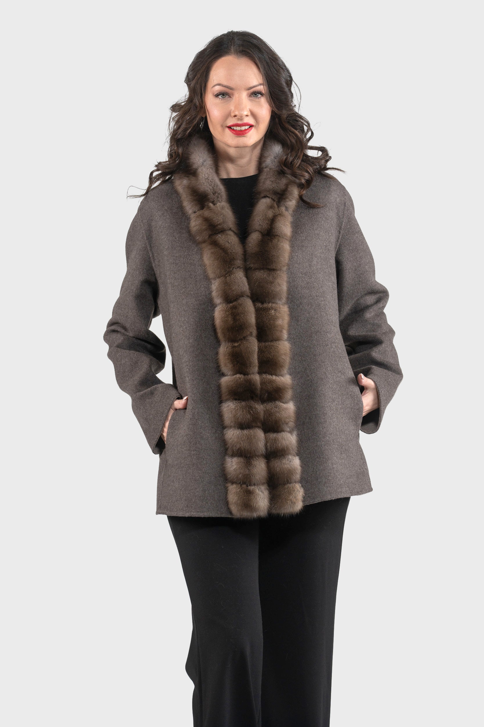Brown Grey Cashmere Jacket with Russian Sable Trim 21C6080