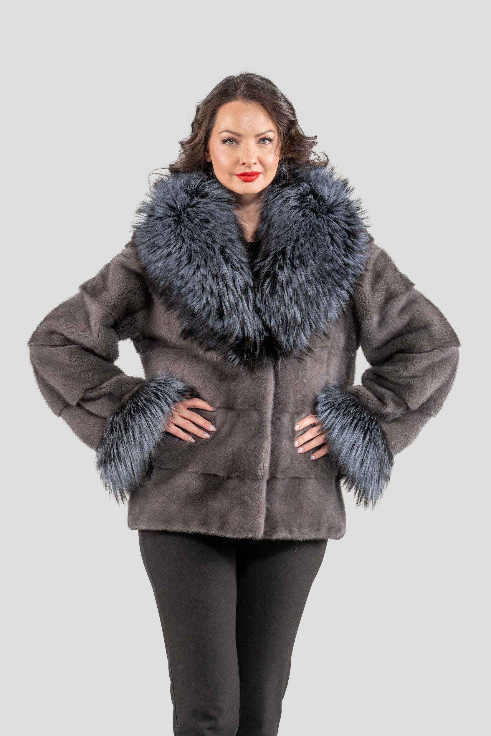 Grey Moon Mink Fur Jacket with Fox Shawl Collar and Cuffs P/K13C528C17