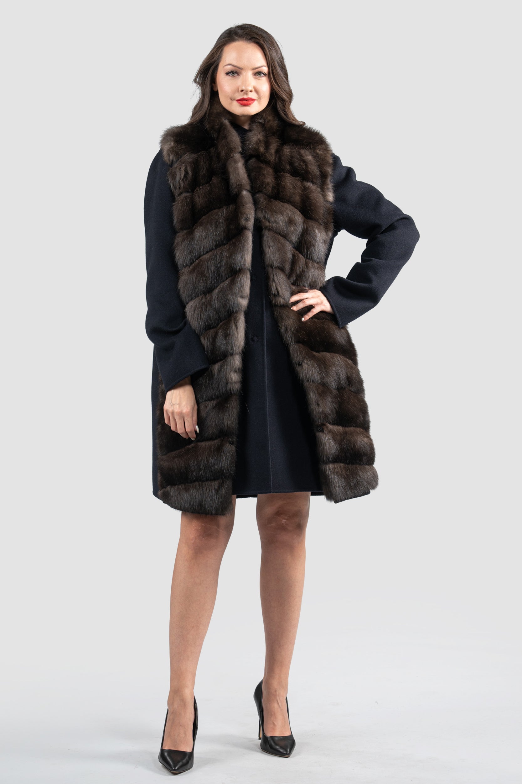 Blue Black Cashmere Half Coat & Vest with Russian Sable Trim 17C8003