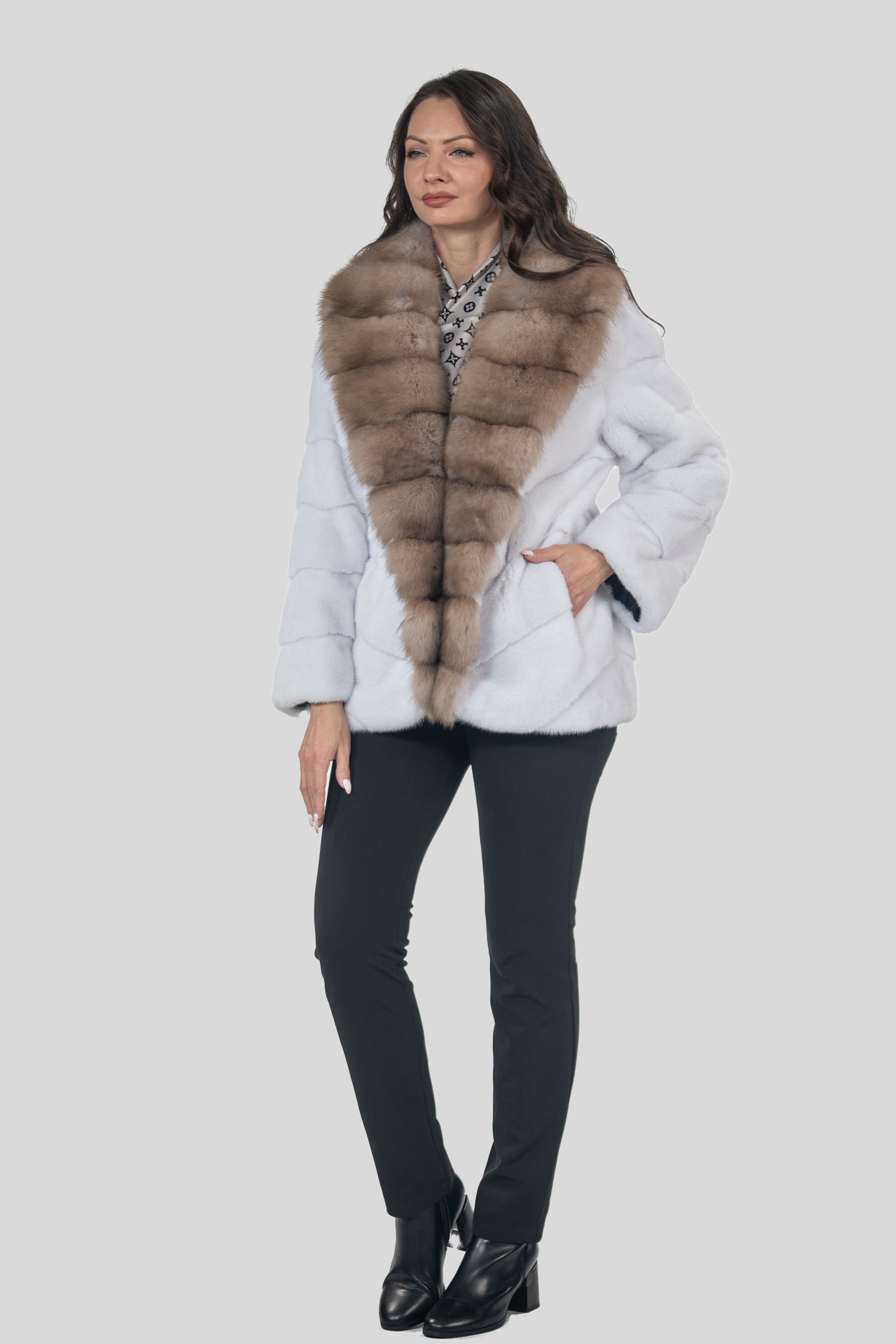 White Mink Half Coat with Baumarten Trim V/K19C123