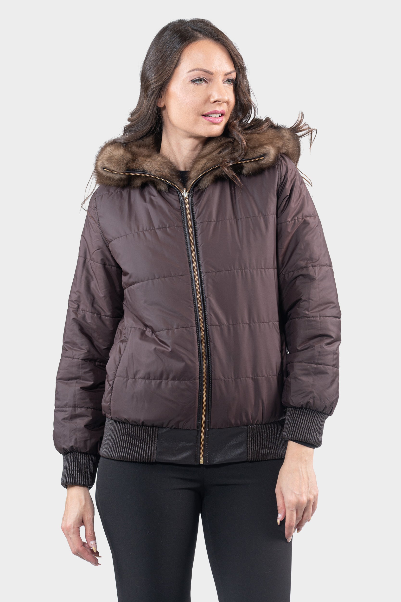 Reversible Titanium Russian Sable Bomber Jacket with Attached Hood P/K228H