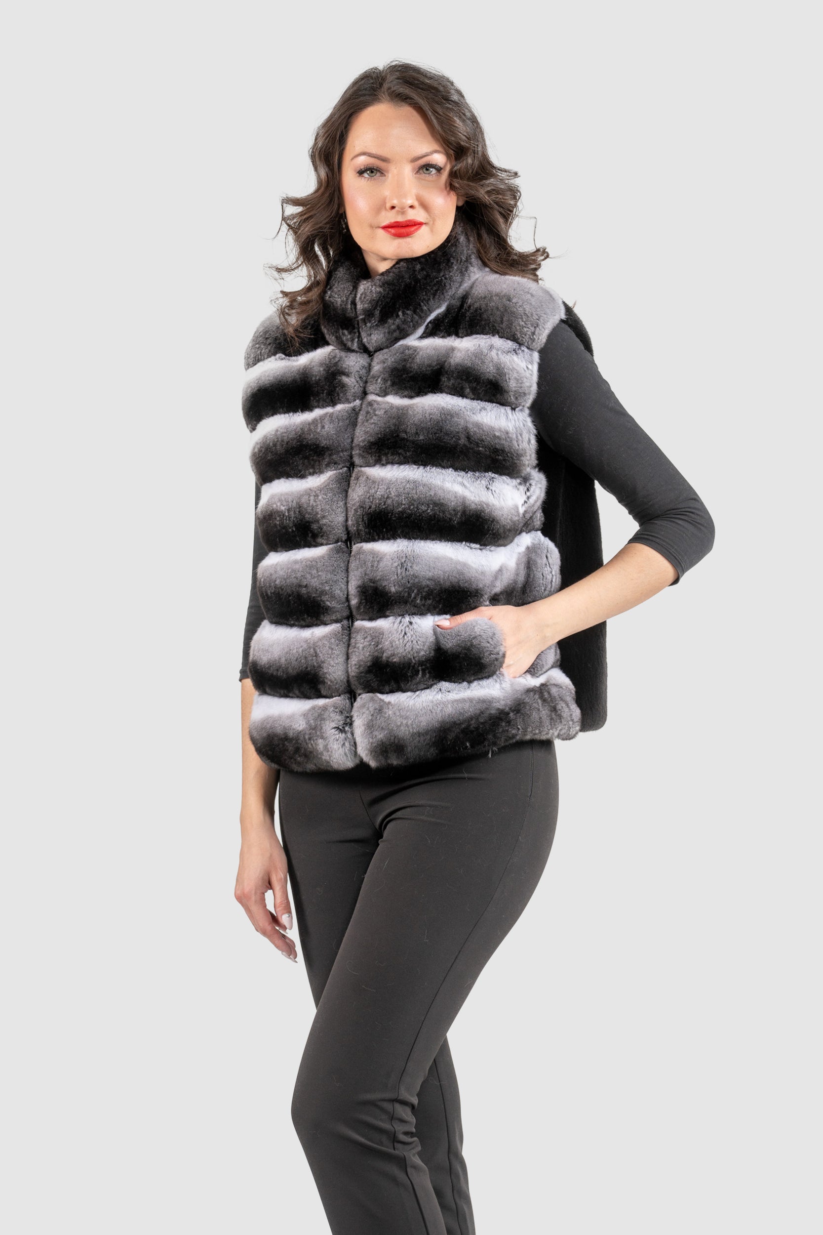 Natural Chinchilla Fur Vest with Stand Collar and Mink Trim P/K2201