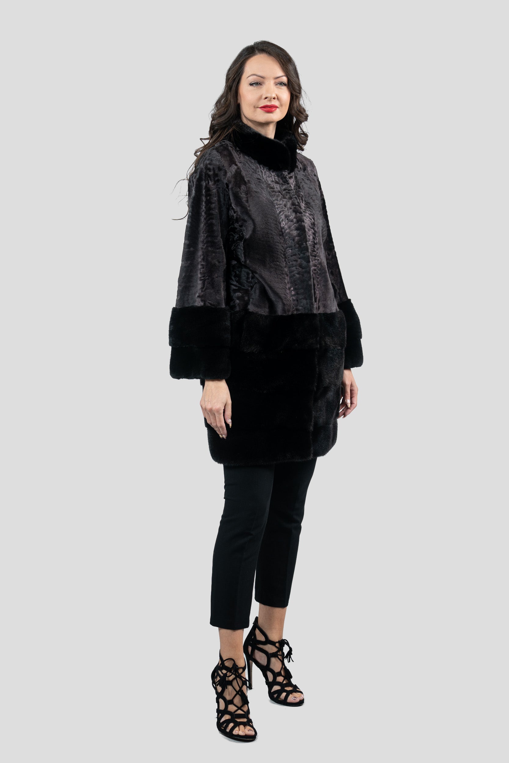 Gray Moon Swakara Half Coat with Mink Trim S/SR/K16C733