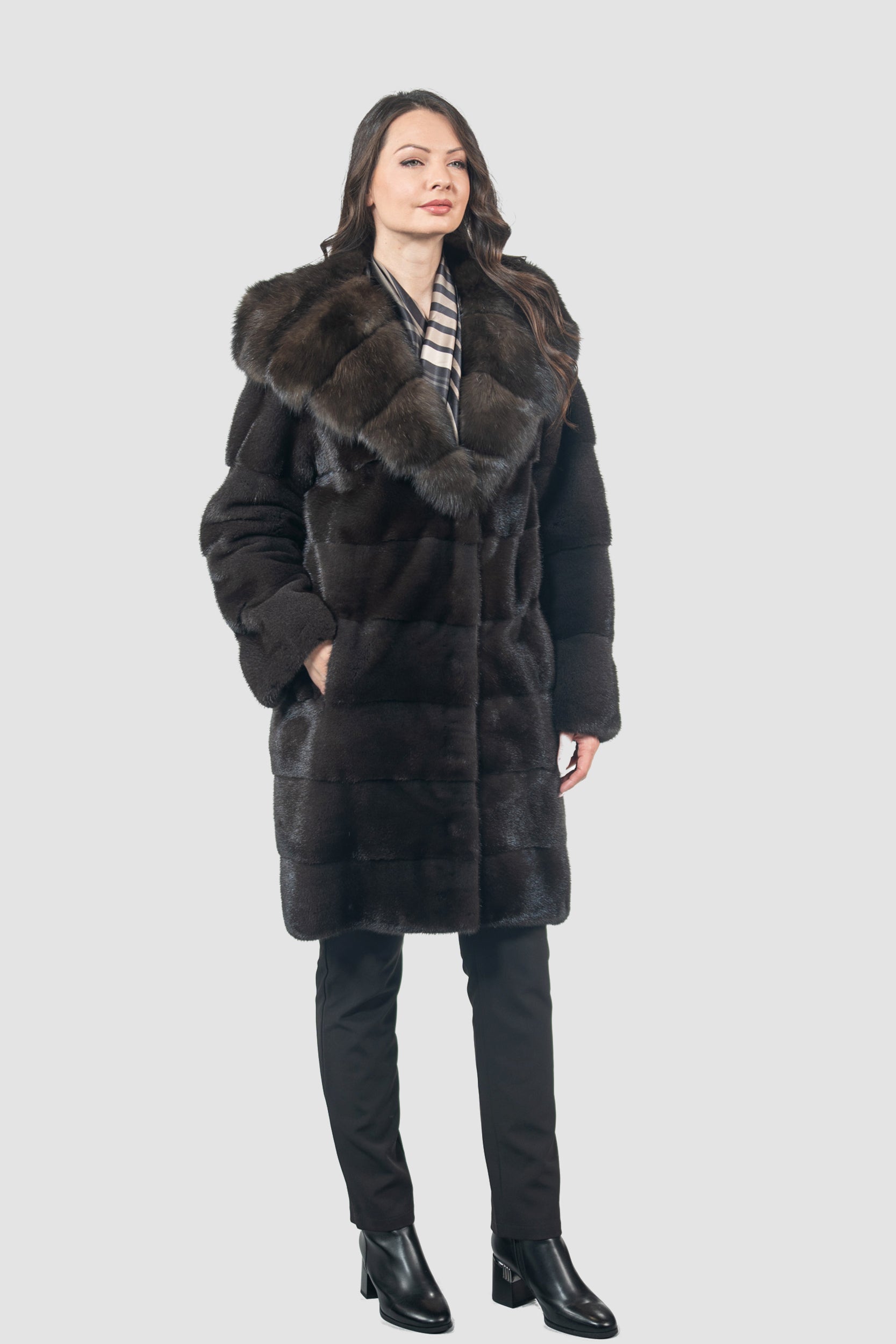 Grigio Mink Half Coat with Russian Sable Hood P/K13C540
