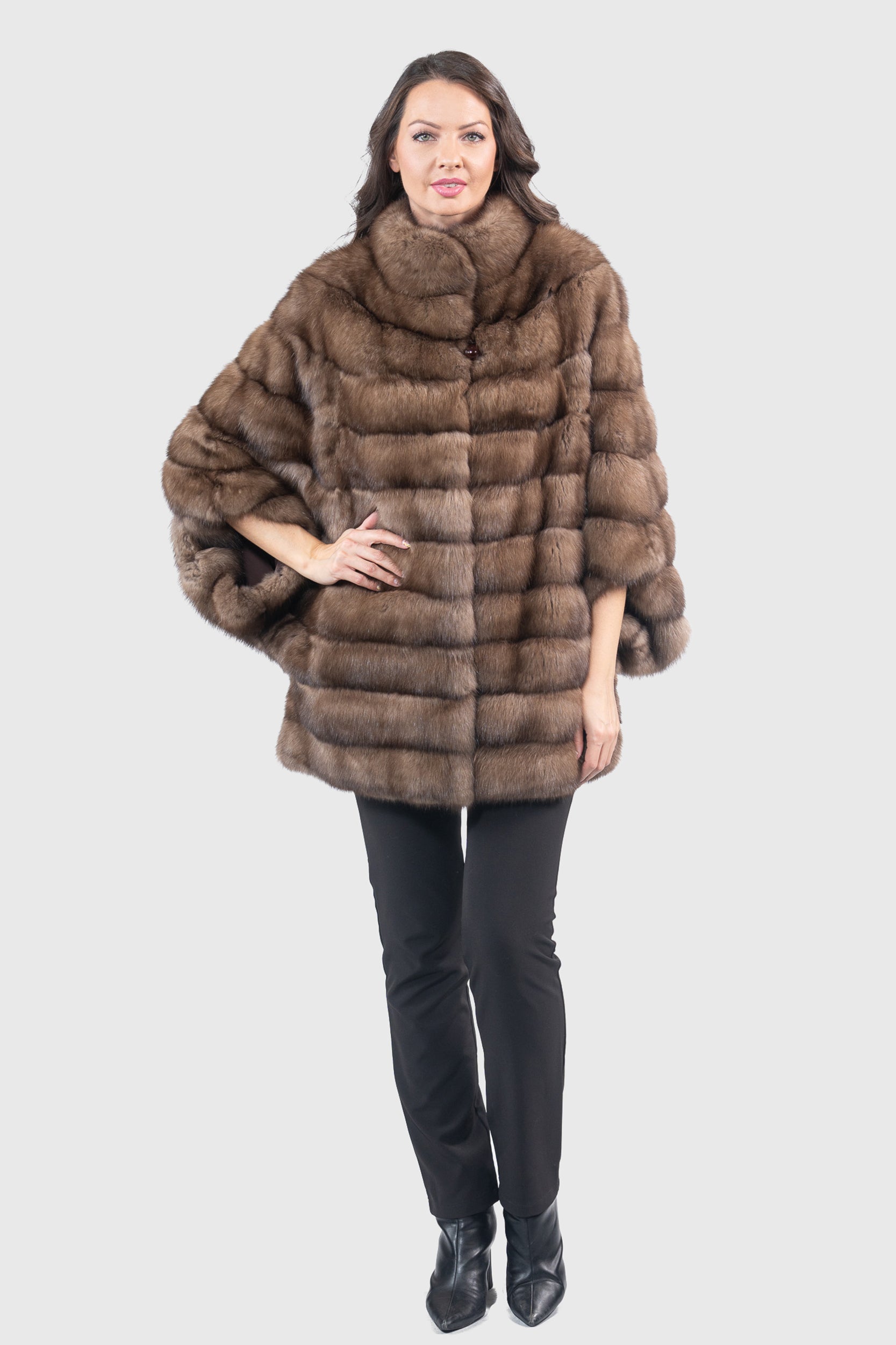 Graphite Russian Sable Cape with Stand Collar P/K13C959