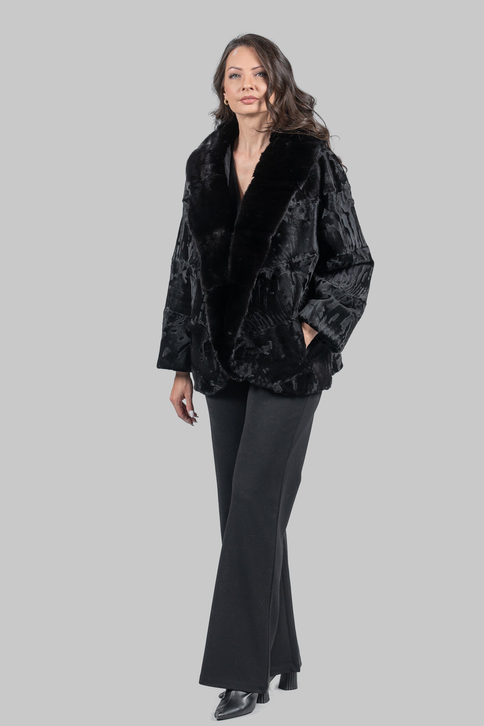 Black Swakara with Extended Mink Shawl Collar Fur Jacket V/K19C123