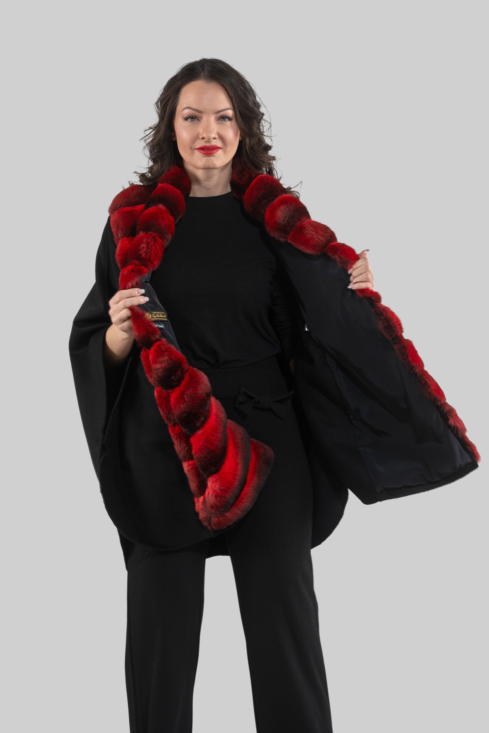 Black Cashmere Cape with Red Chinchilla Trim 18M950