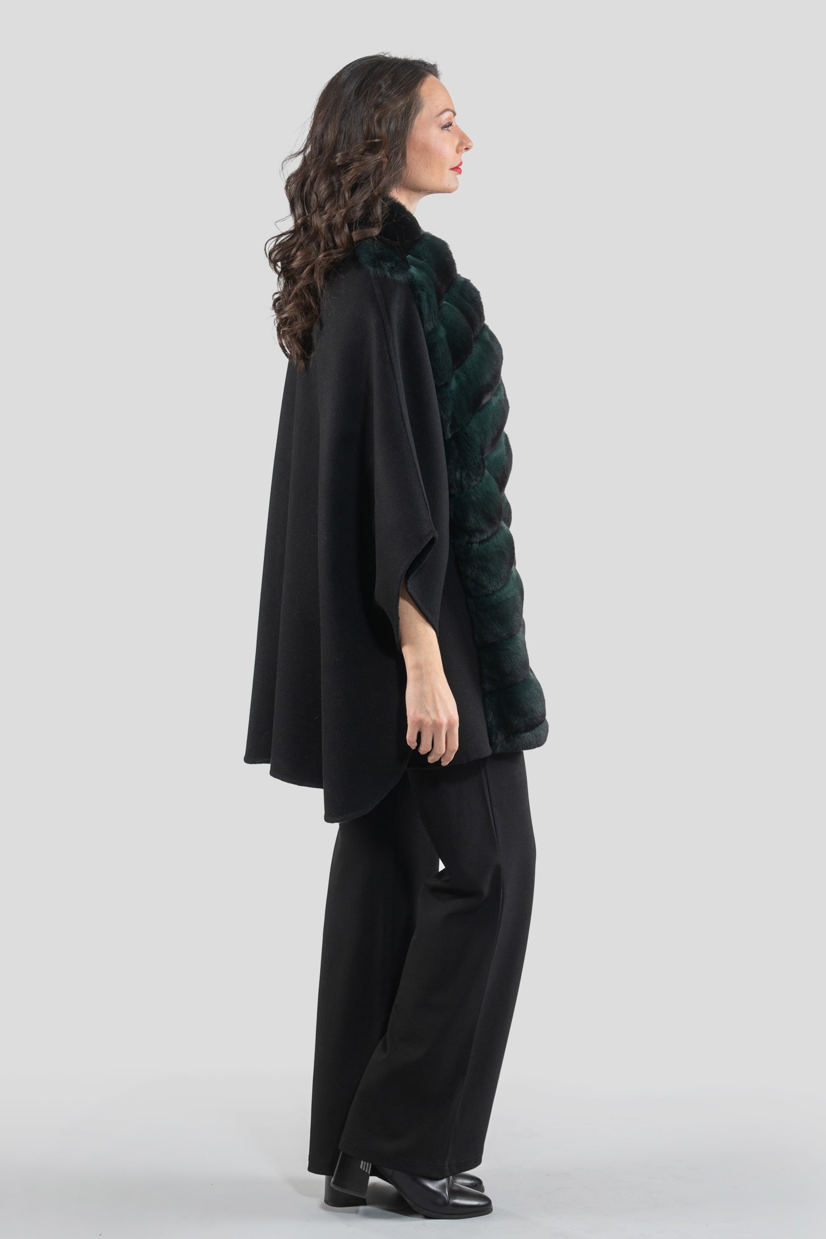 Black Cashmere Cape with Green Chinchilla Trim 18M950