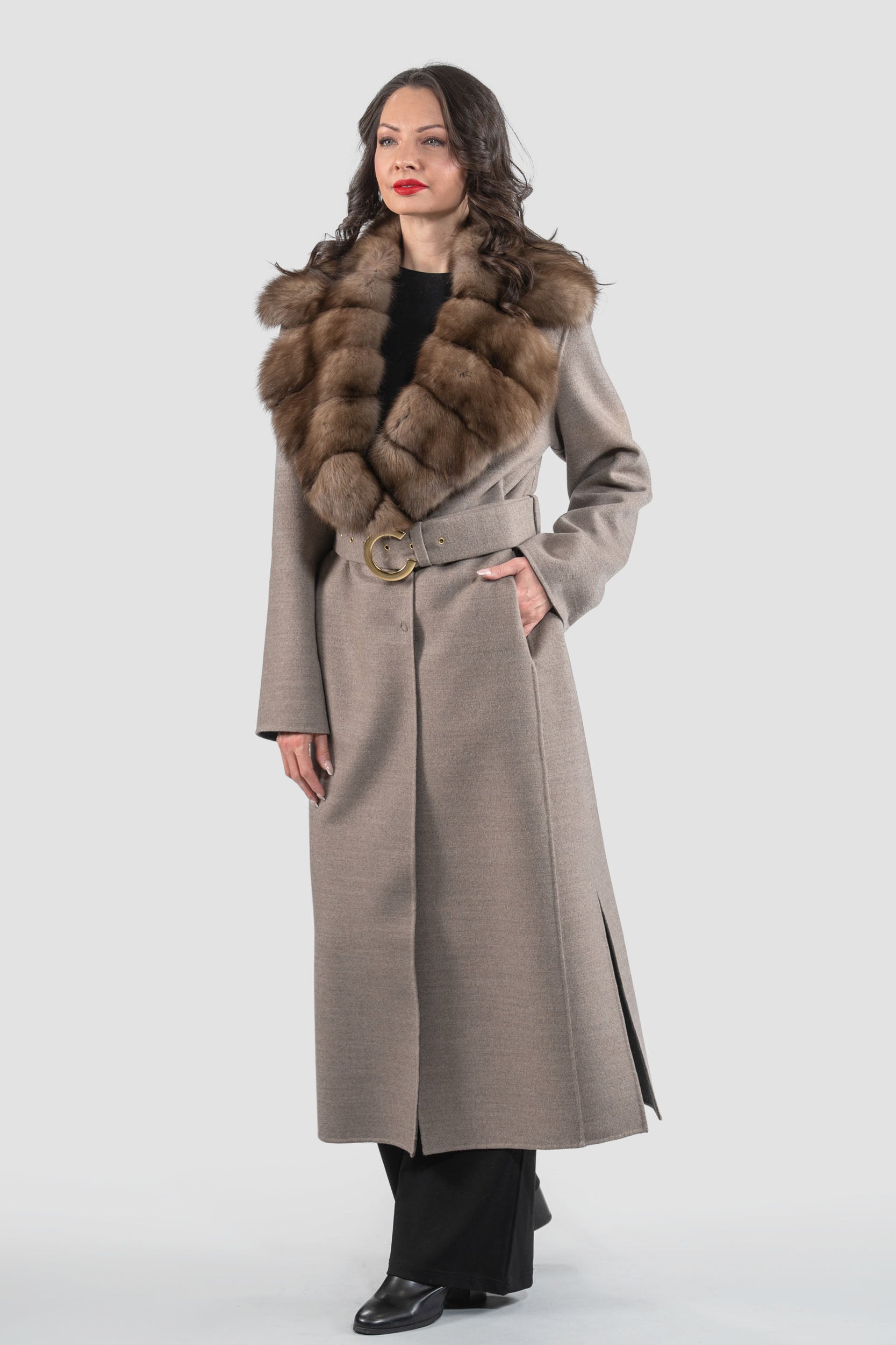 Grey Brown Cashmere Coat with Russian Sable Notch Collar 20C8060S20