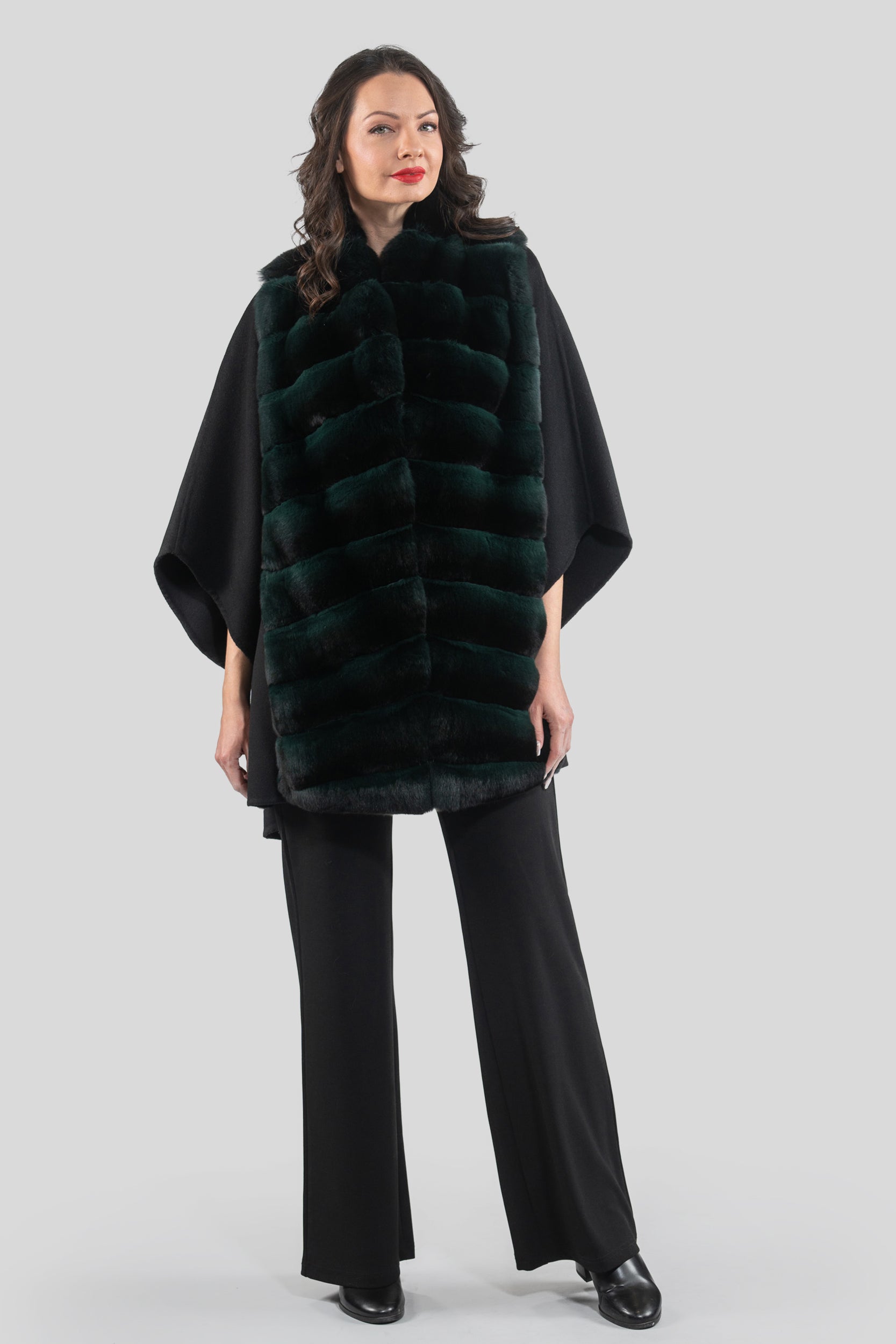 Black Cashmere Cape with Green Chinchilla Trim 18M950