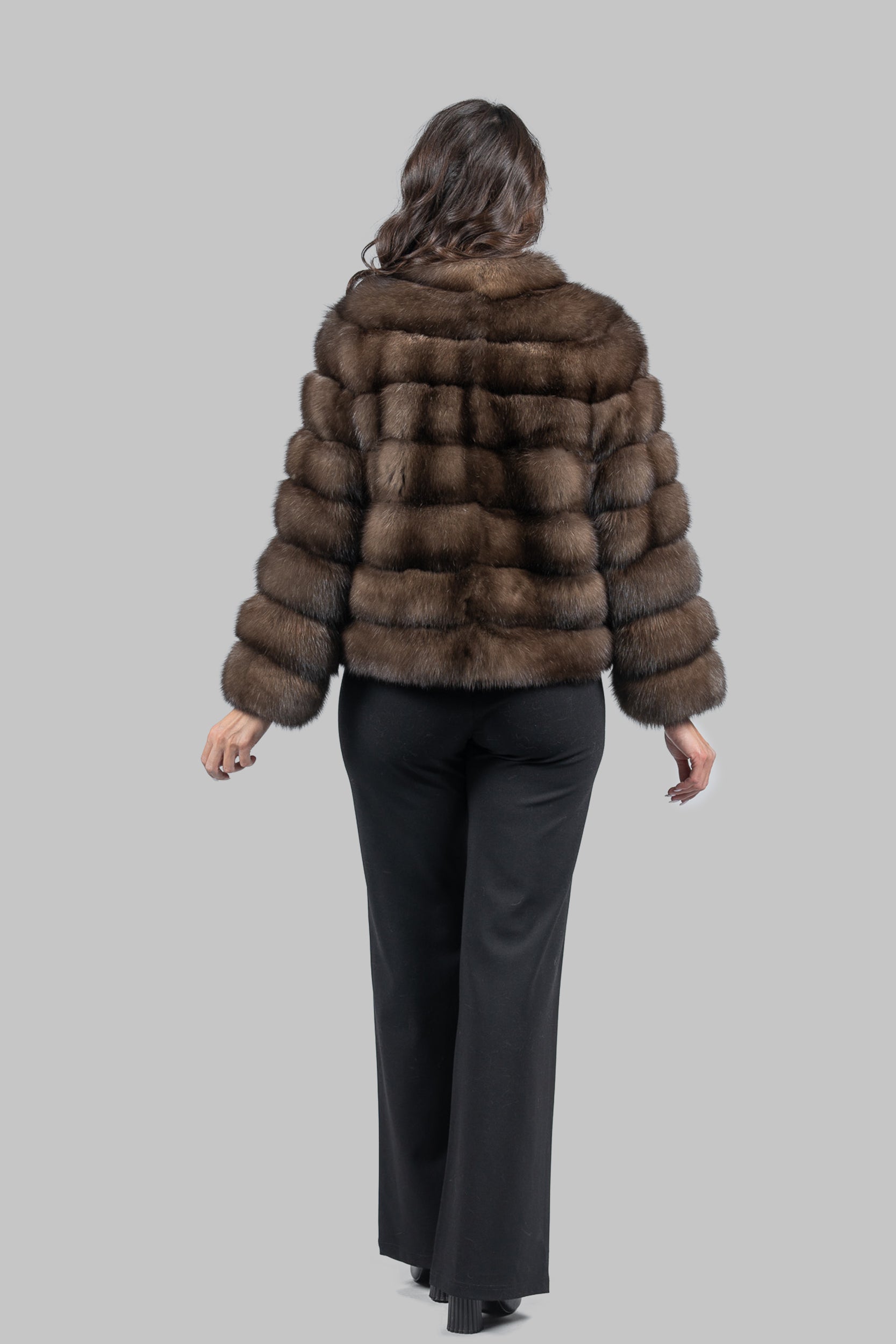 Graphite Russian Sable Cropped Jacket with Stand Collar P/K13C528