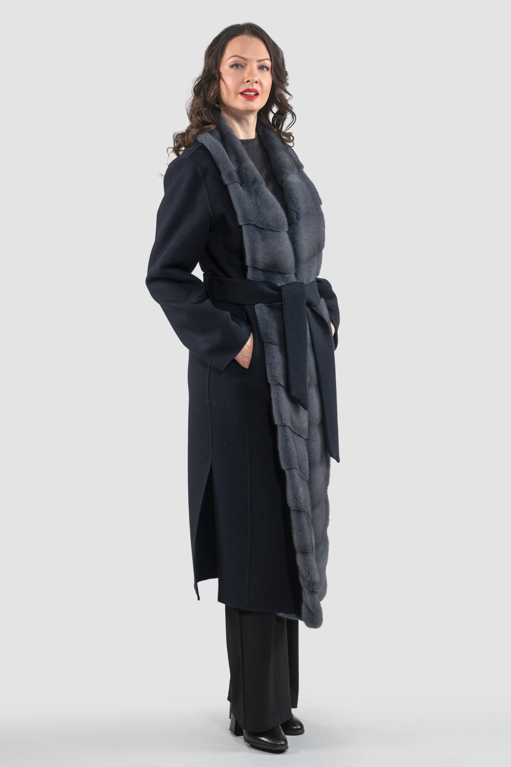 Blue Black Cashmere Coat with Mink Trim 3321