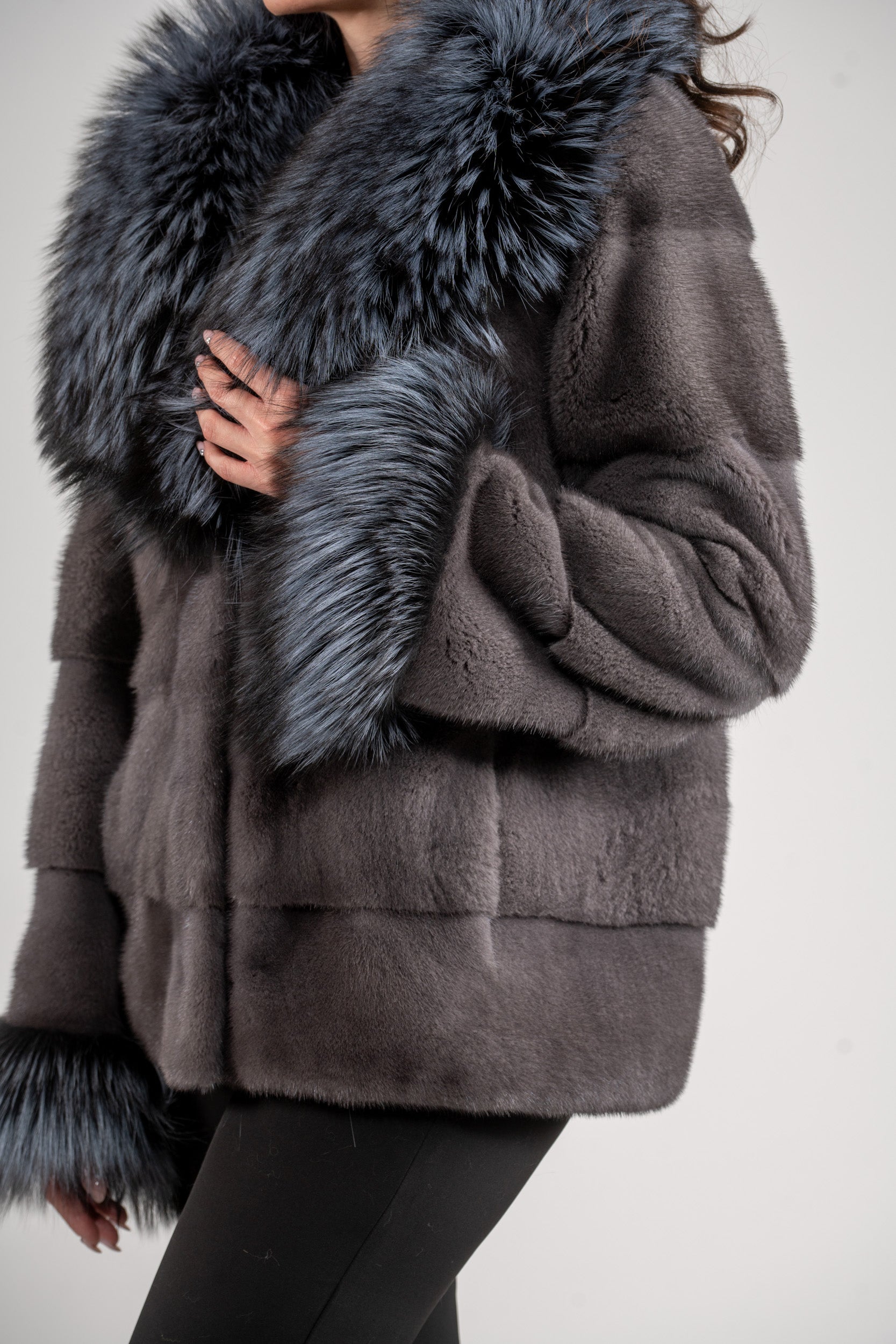 Grey Moon Mink Fur Jacket with Fox Shawl Collar and Cuffs P/K13C528C17